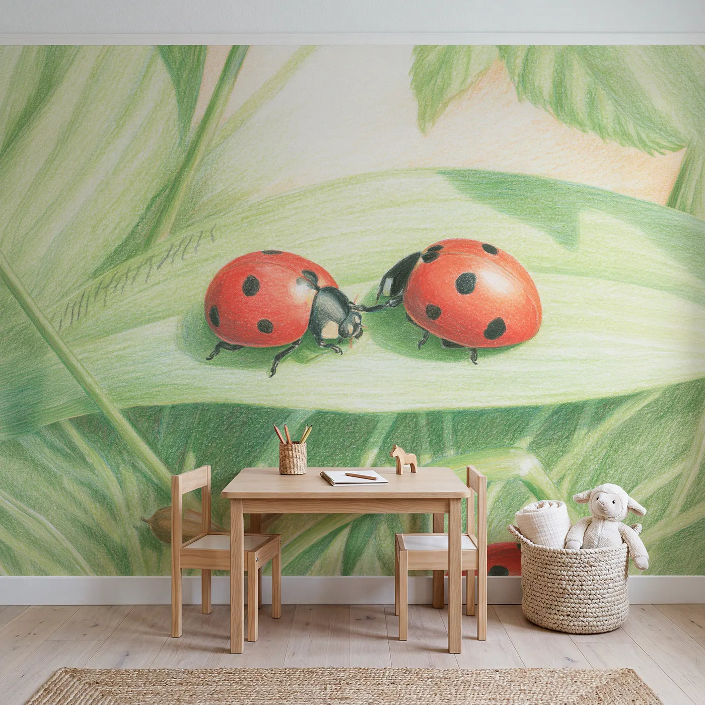 The Ladybird Spot Count Wallpaper Mural in playroom setting by Whimsy Tots