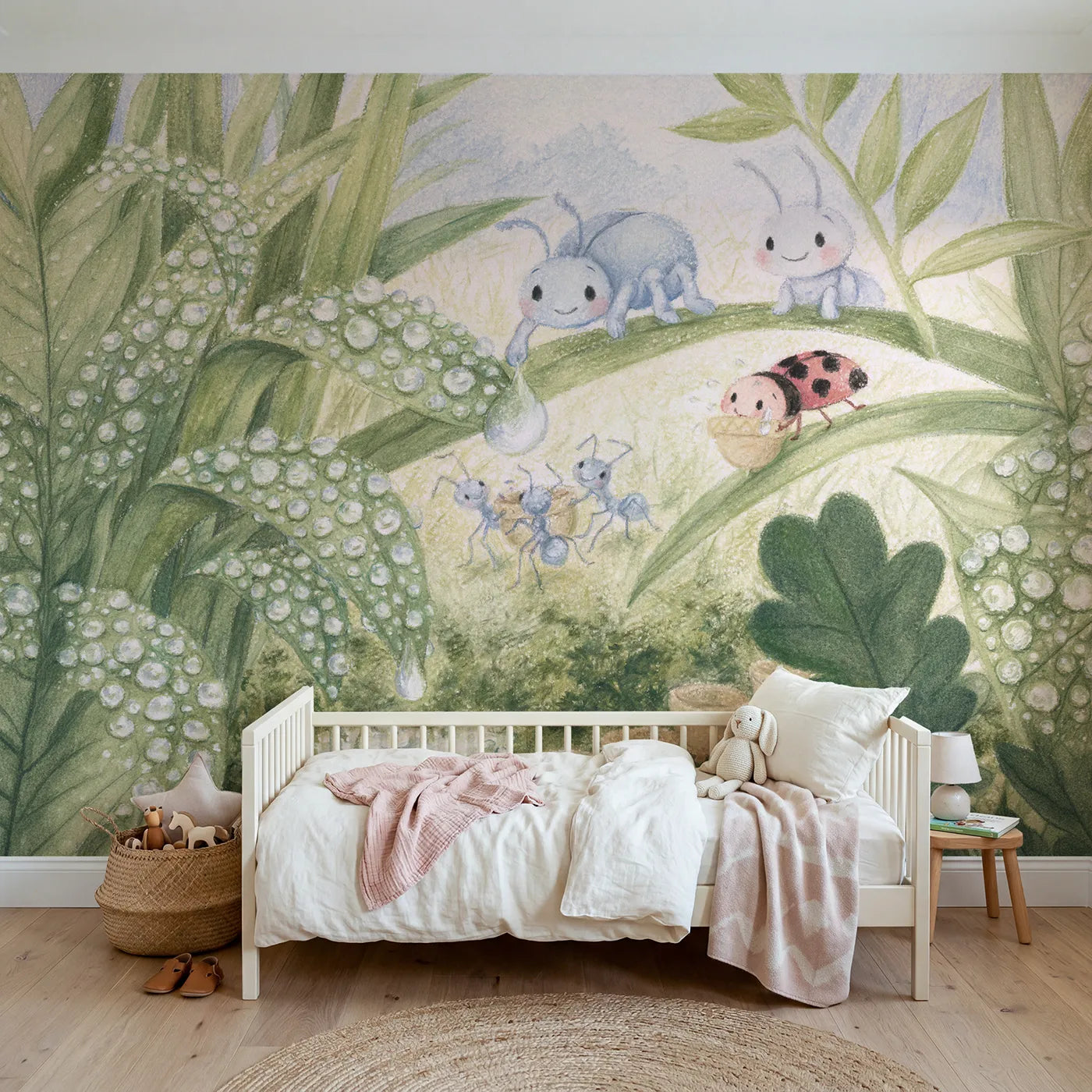 Colored Pencil bugs harvesting dew into acorn cups, wall mural for a toddler room by Whimsy Tots