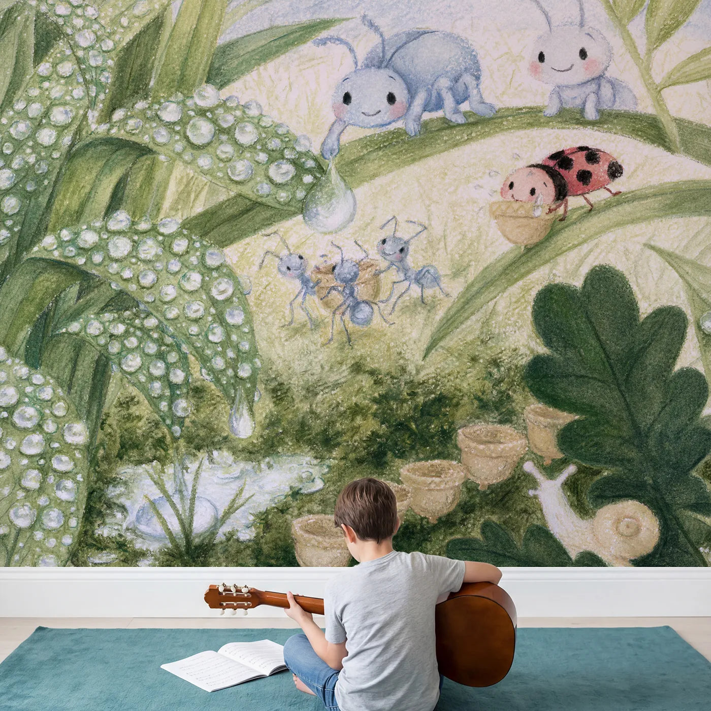 Child in nursery with The Dew Drop Waterworks Wallpaper Mural by Whimsy Tots