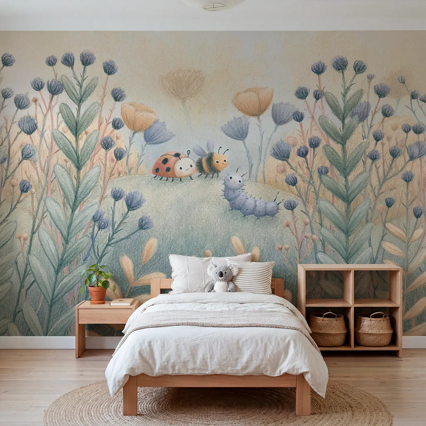 Colored-pencil wall mural of gentle garden bug friends by Whimsy Tots