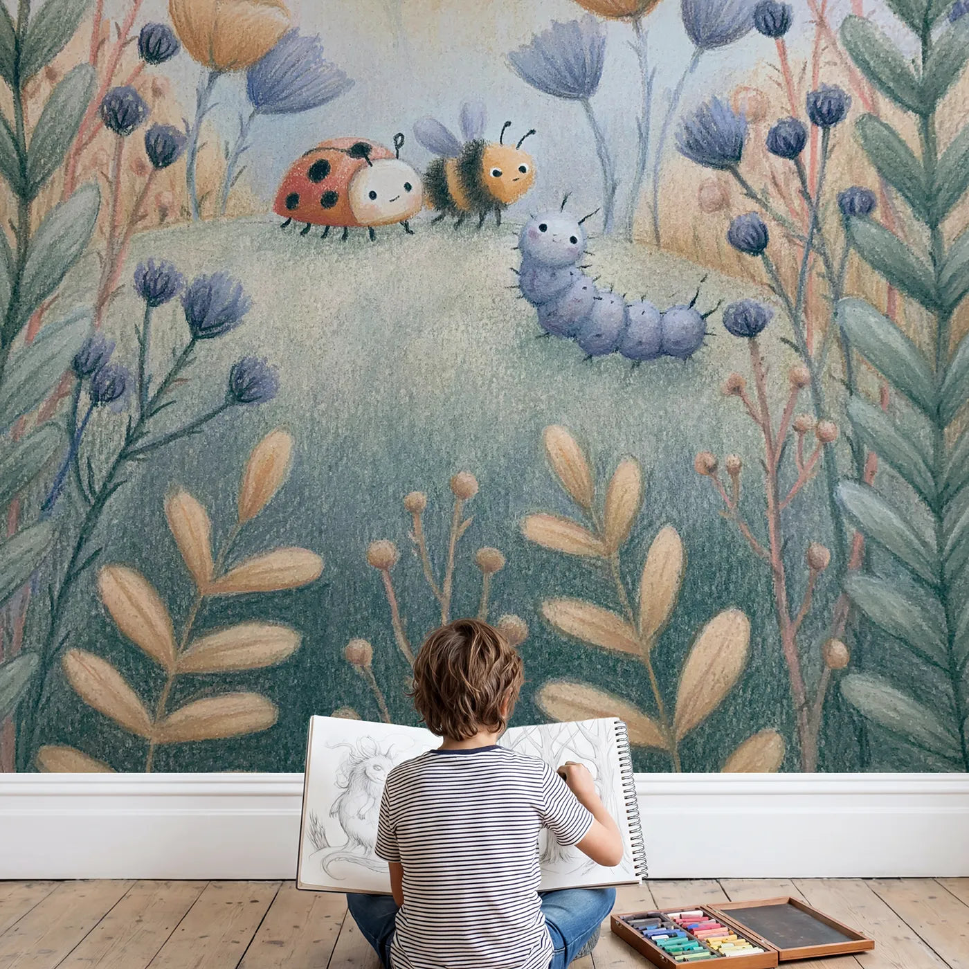 Child in nursery with Pencil Garden Bugs Wallpaper Mural by Whimsy Tots