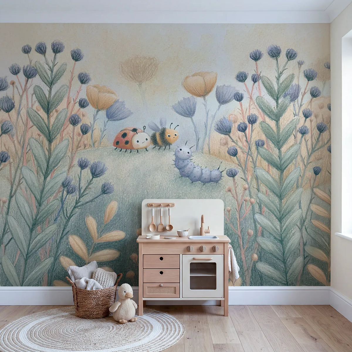 Pencil Garden Bugs Wallpaper Mural in playroom setting by Whimsy Tots