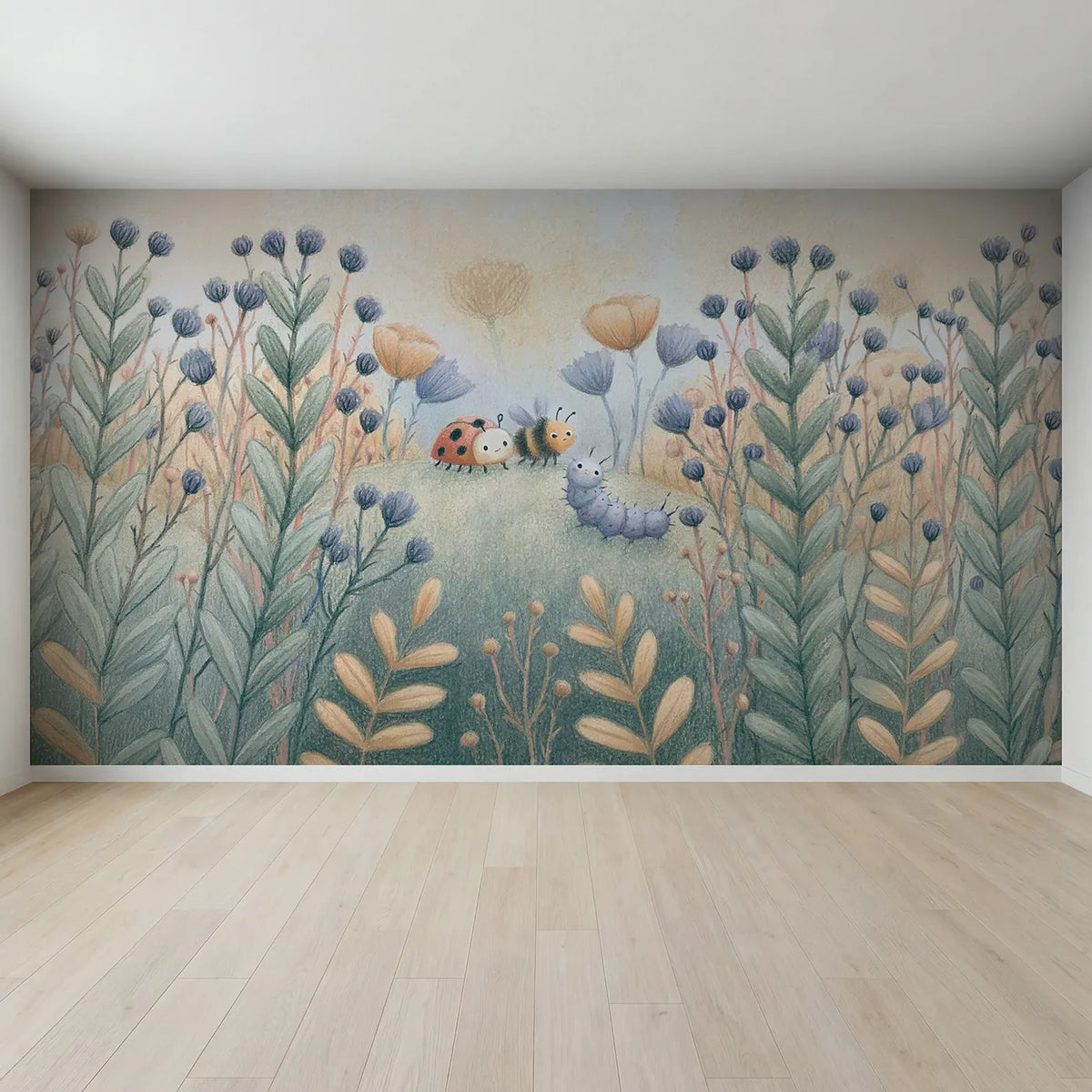 Full view of Pencil Garden Bugs Wallpaper Mural by Whimsy Tots