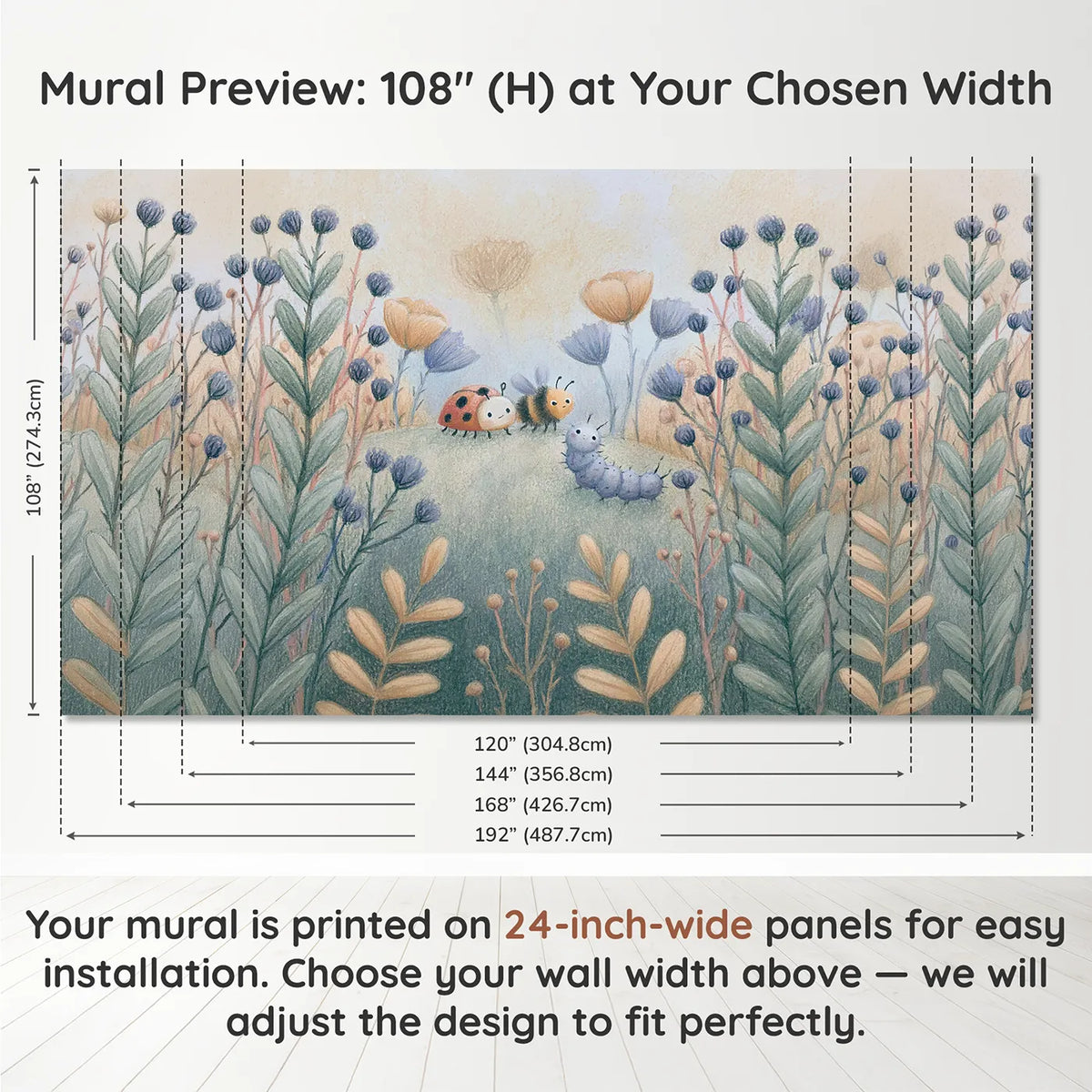 Panel layout and dimensions for Pencil Garden Bugs Wallpaper Mural by Whimsy Tots