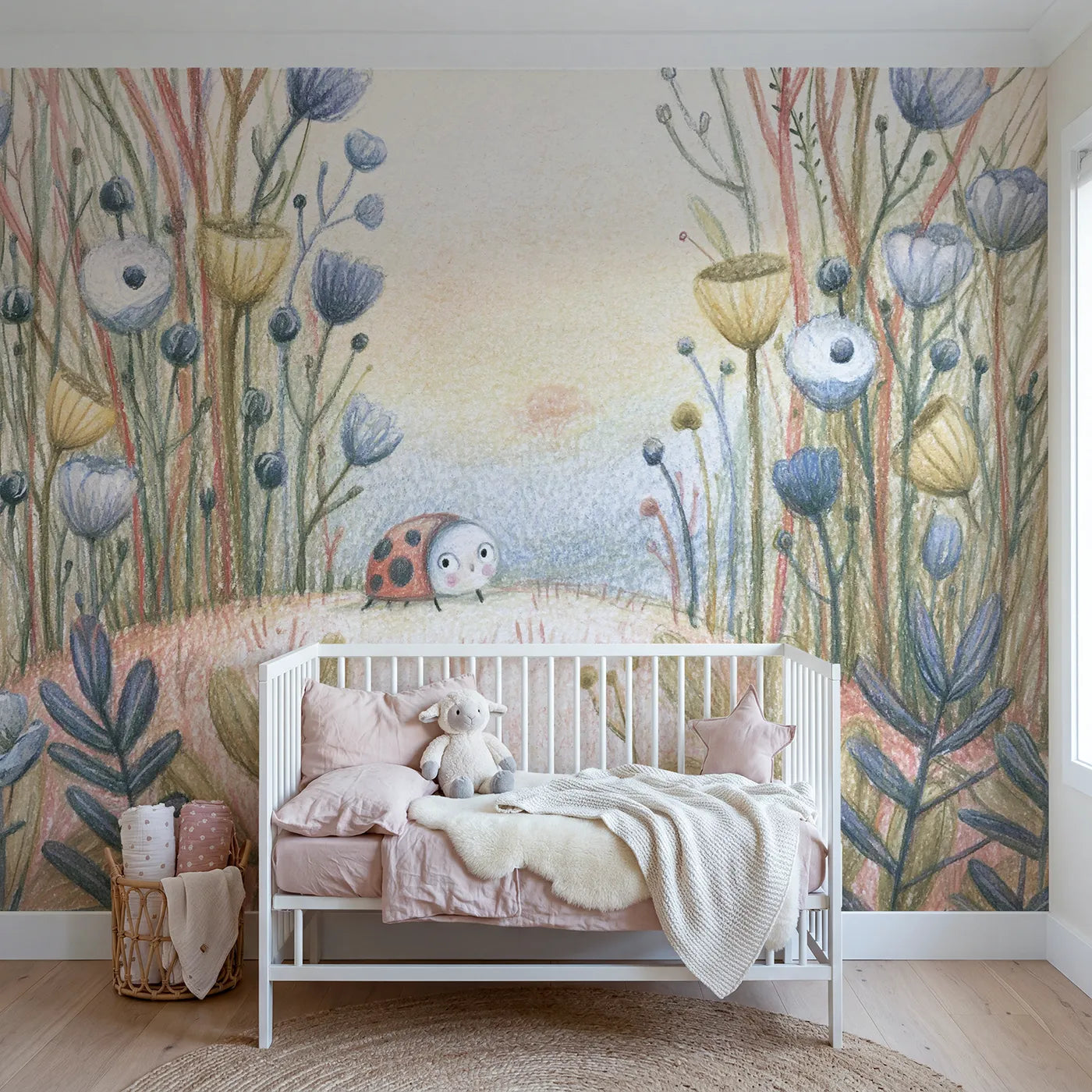 Colored-pencil wall mural of a soft sweet ladybug by Whimsy Tots