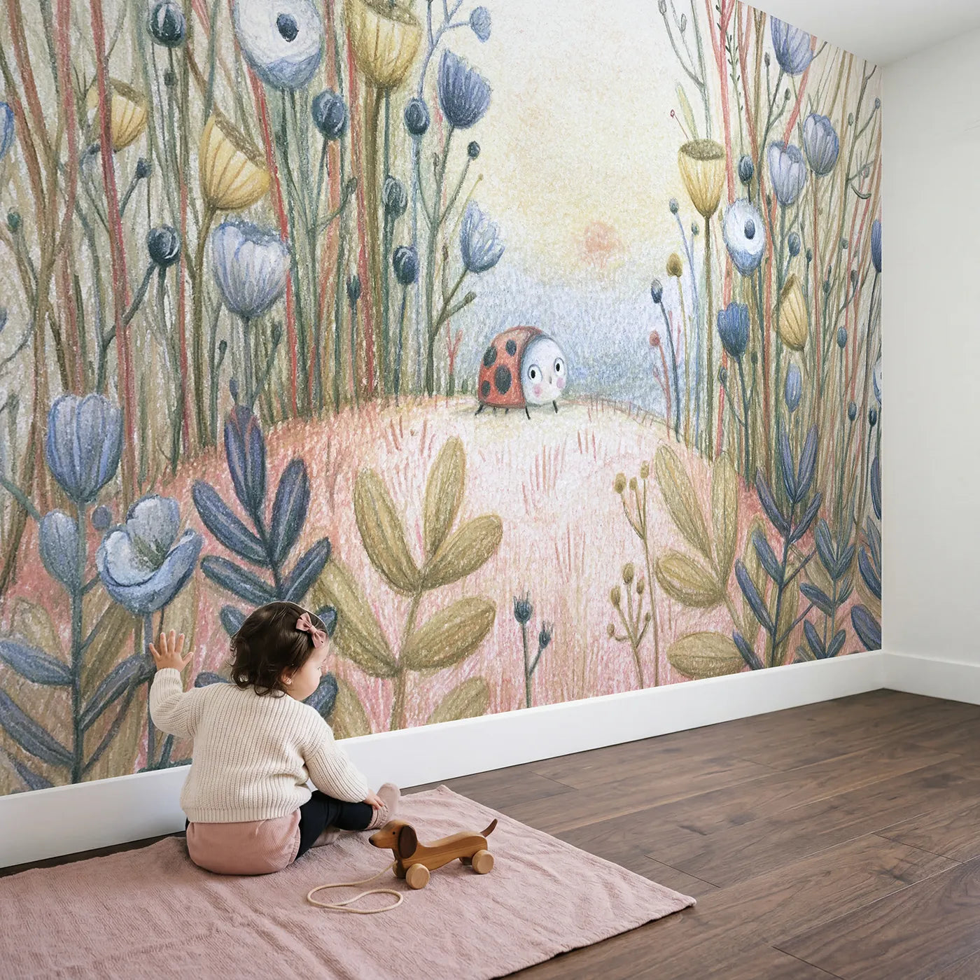 Child in nursery with Soft Pencil Ladybug Wallpaper Mural by Whimsy Tots