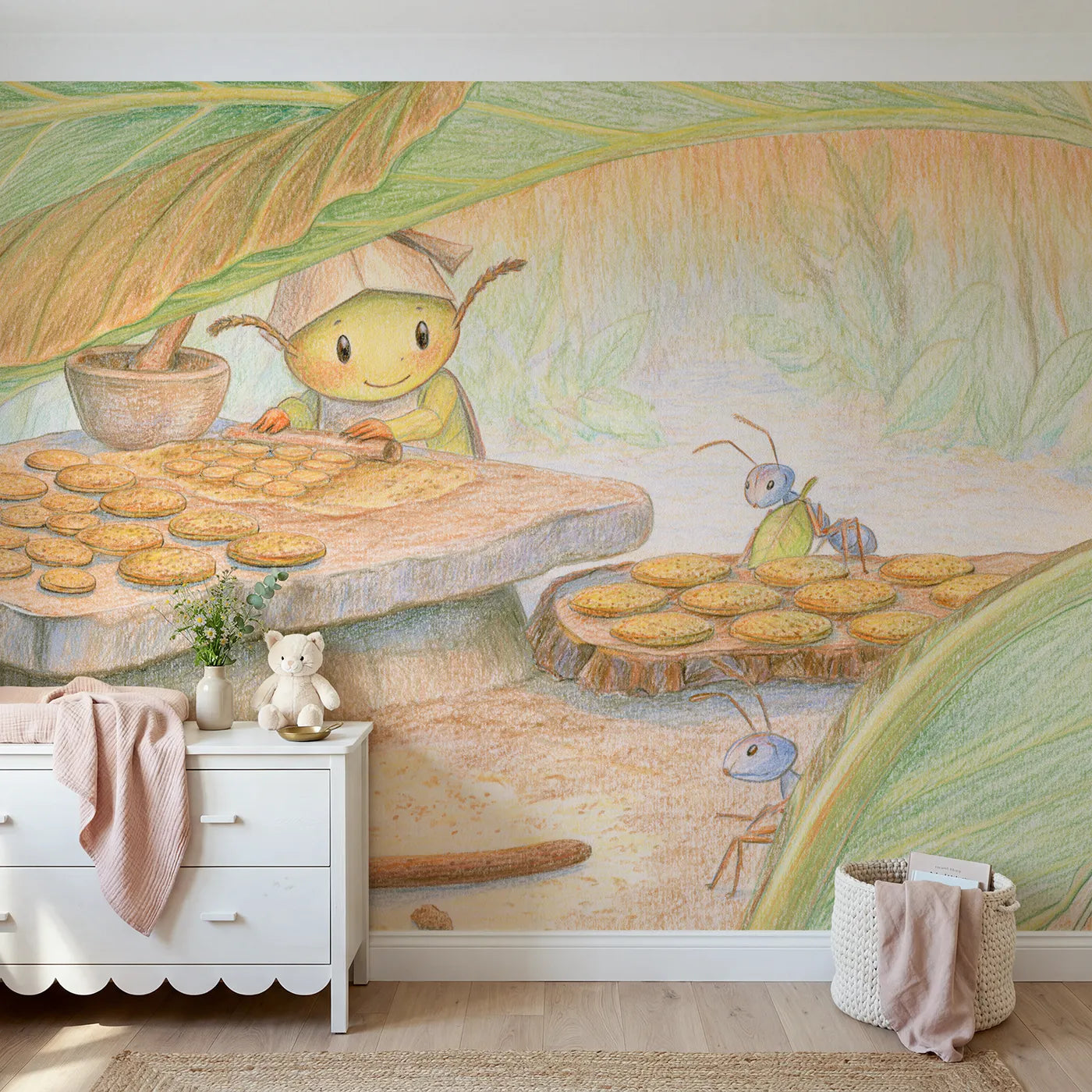 Colored Pencil beetle baking seed cakes under a leaf, mural for a rented bedroom by Whimsy Tots