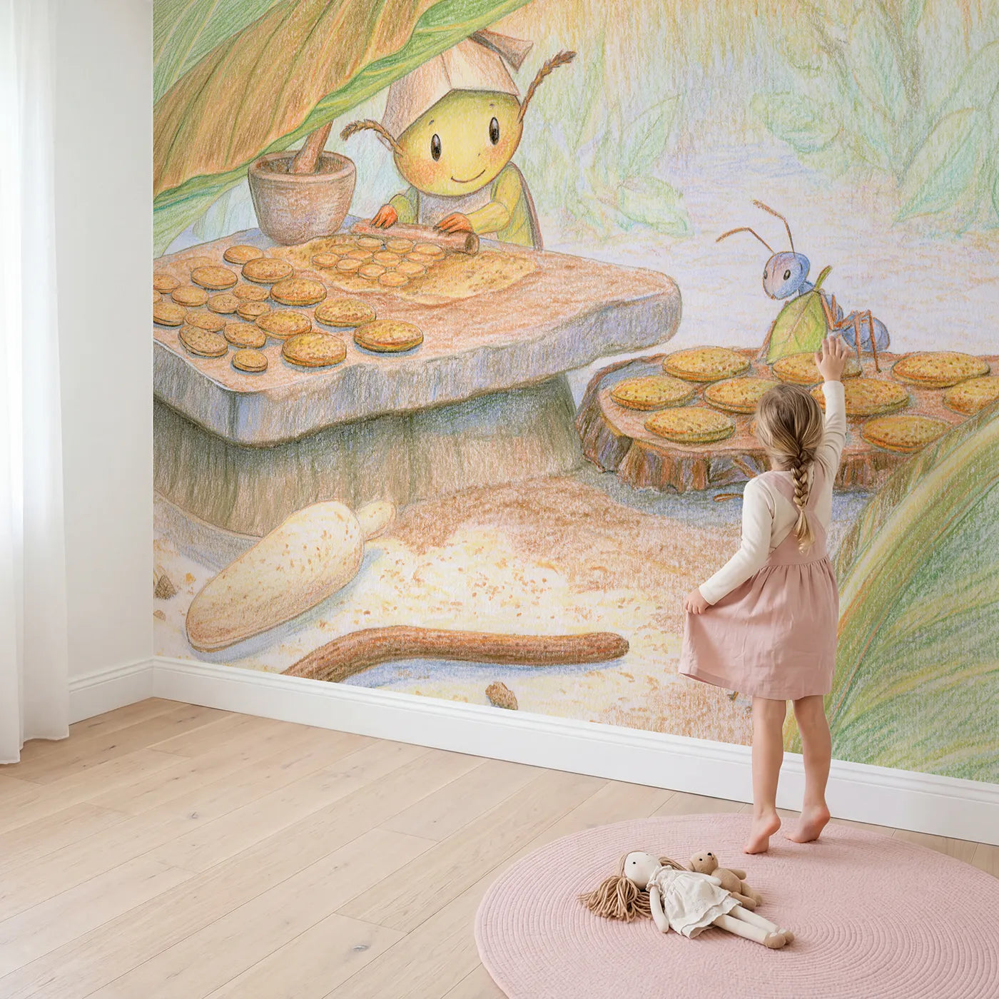 Child in nursery with The Beetle Bakery Wallpaper Mural by Whimsy Tots