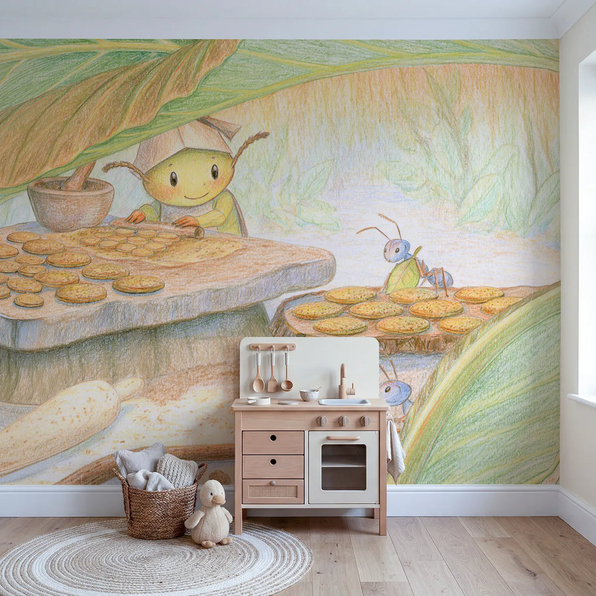 The Beetle Bakery Wallpaper Mural in playroom setting by Whimsy Tots