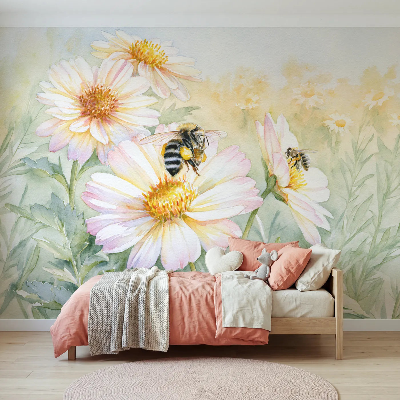 Watercolor bumblebee on her pollen round with an apprentice, mural for a kids room by Whimsy Tots