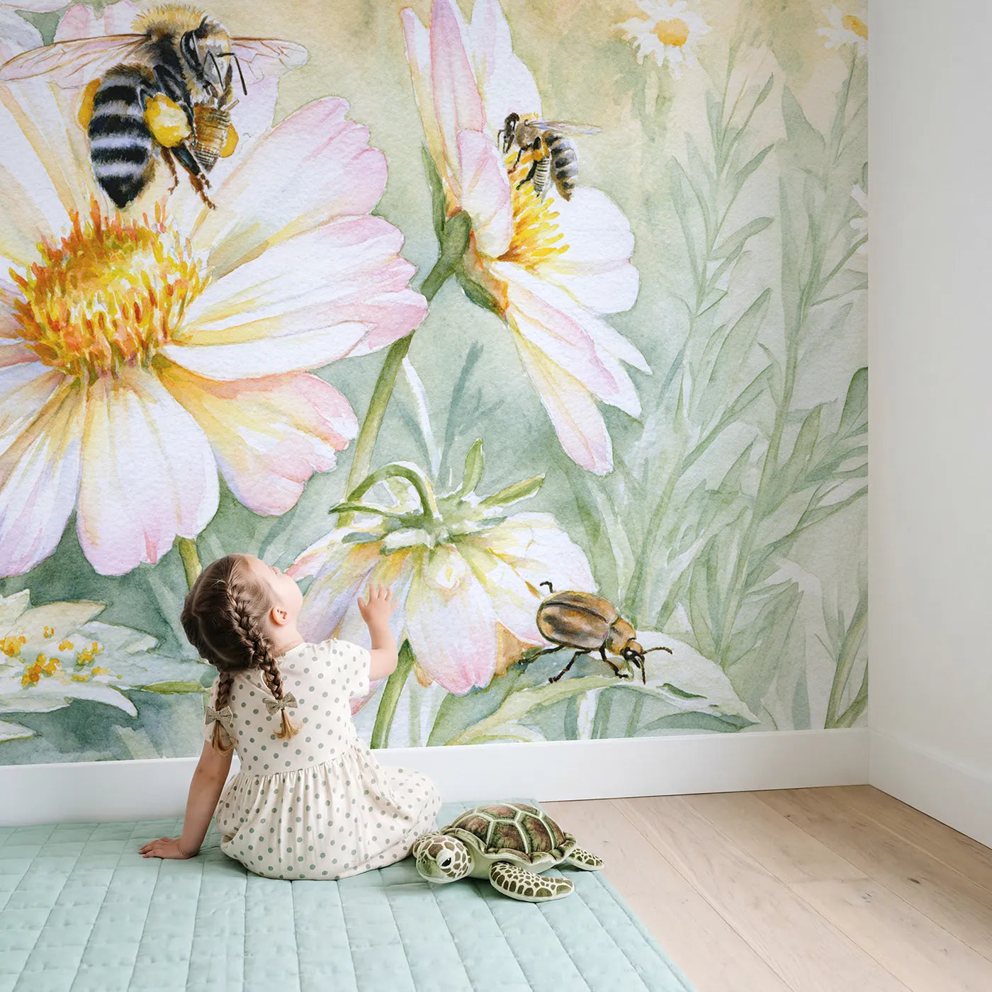 Child in nursery with The Pollen Delivery Round Wallpaper Mural by Whimsy Tots