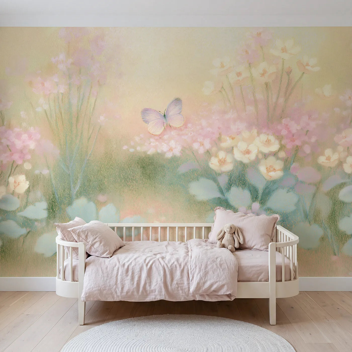 Chalk-pastel wall mural of a little baby butterfly by Whimsy Tots