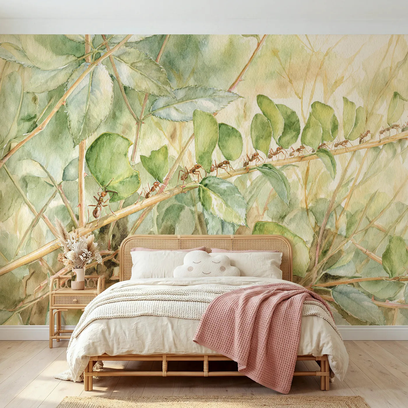 Watercolor leafcutter ants carrying green leaf sails, wall mural for a playroom by Whimsy Tots