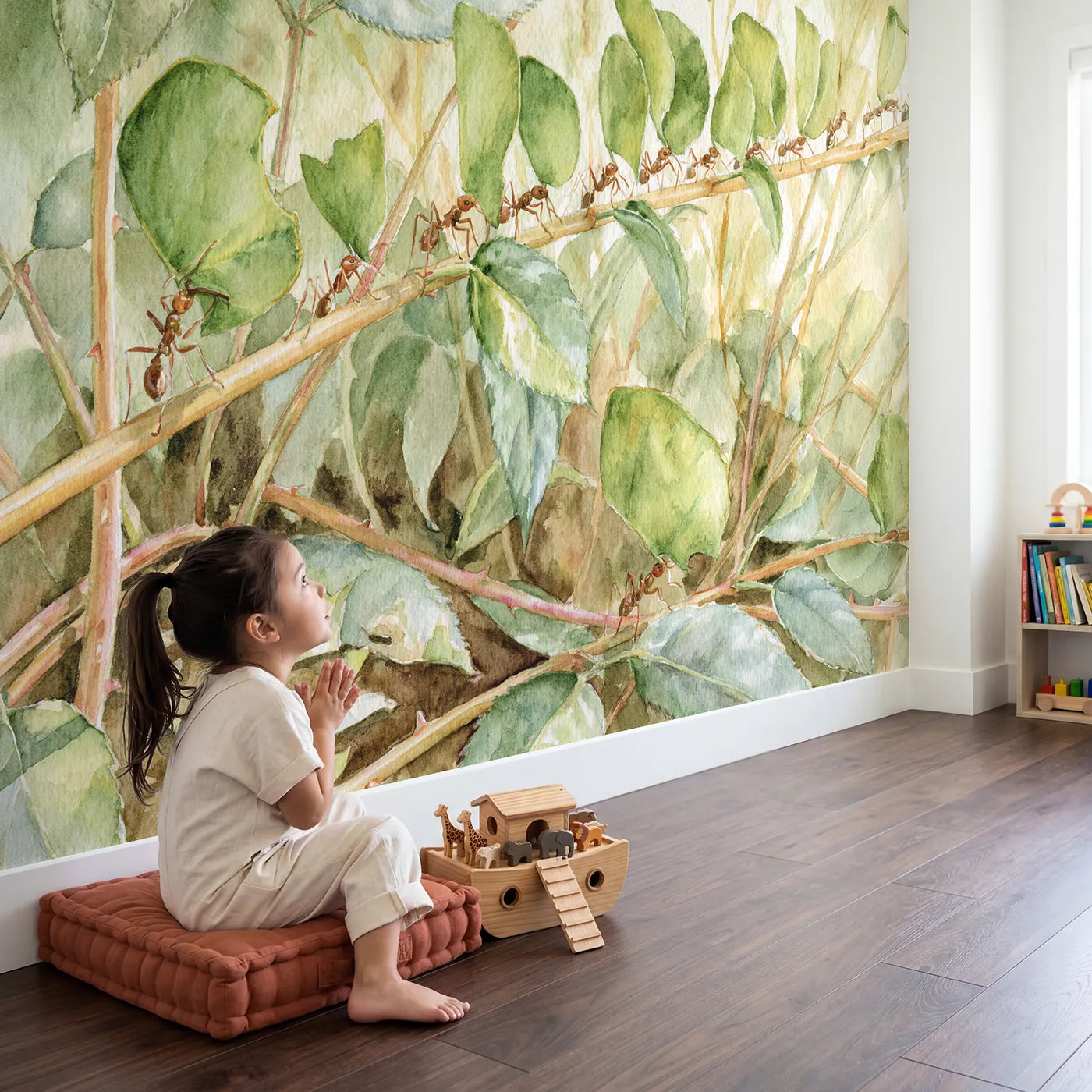 Child in nursery with The Leaf Tailors Wallpaper Mural by Whimsy Tots