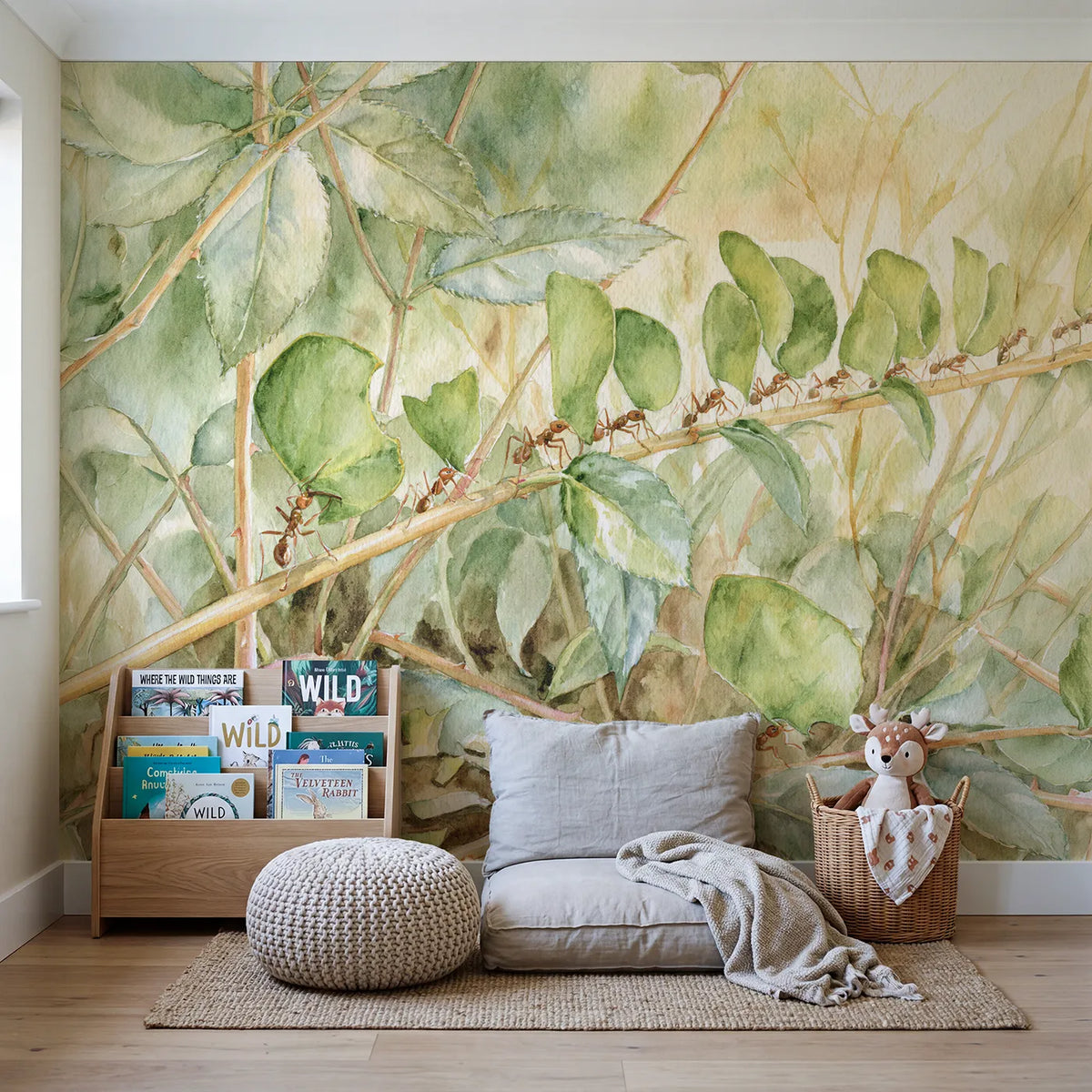 The Leaf Tailors Wallpaper Mural in playroom setting by Whimsy Tots