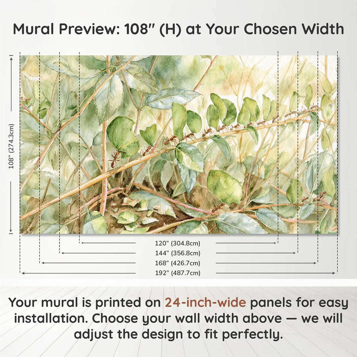 Panel layout and dimensions for The Leaf Tailors Wallpaper Mural by Whimsy Tots