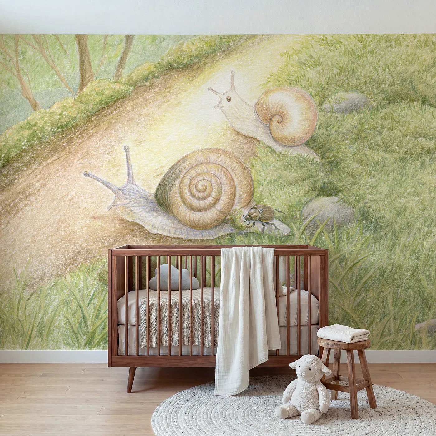 Colored Pencil beetle polishing a young snail shell, wall mural for a toddler room by Whimsy Tots