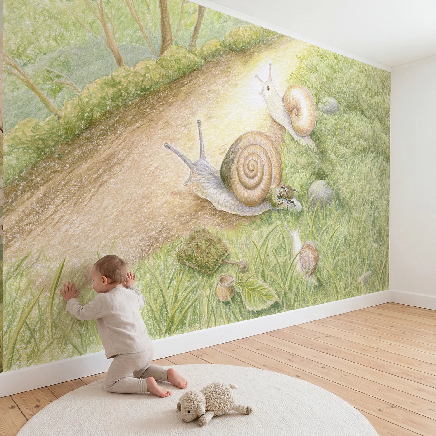Child in nursery with The Shell Polish Wallpaper Mural by Whimsy Tots