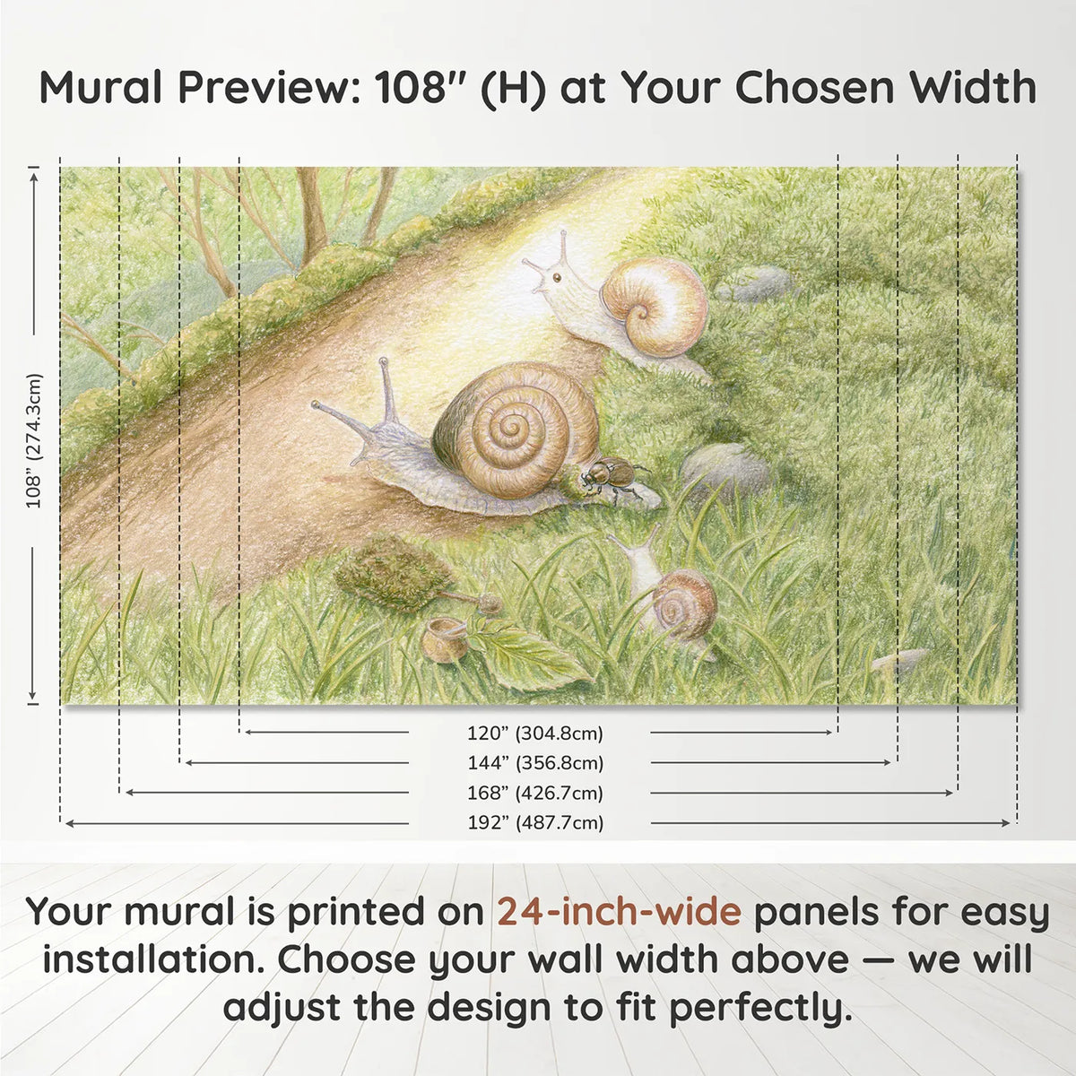 Panel layout and dimensions for The Shell Polish Wallpaper Mural by Whimsy Tots