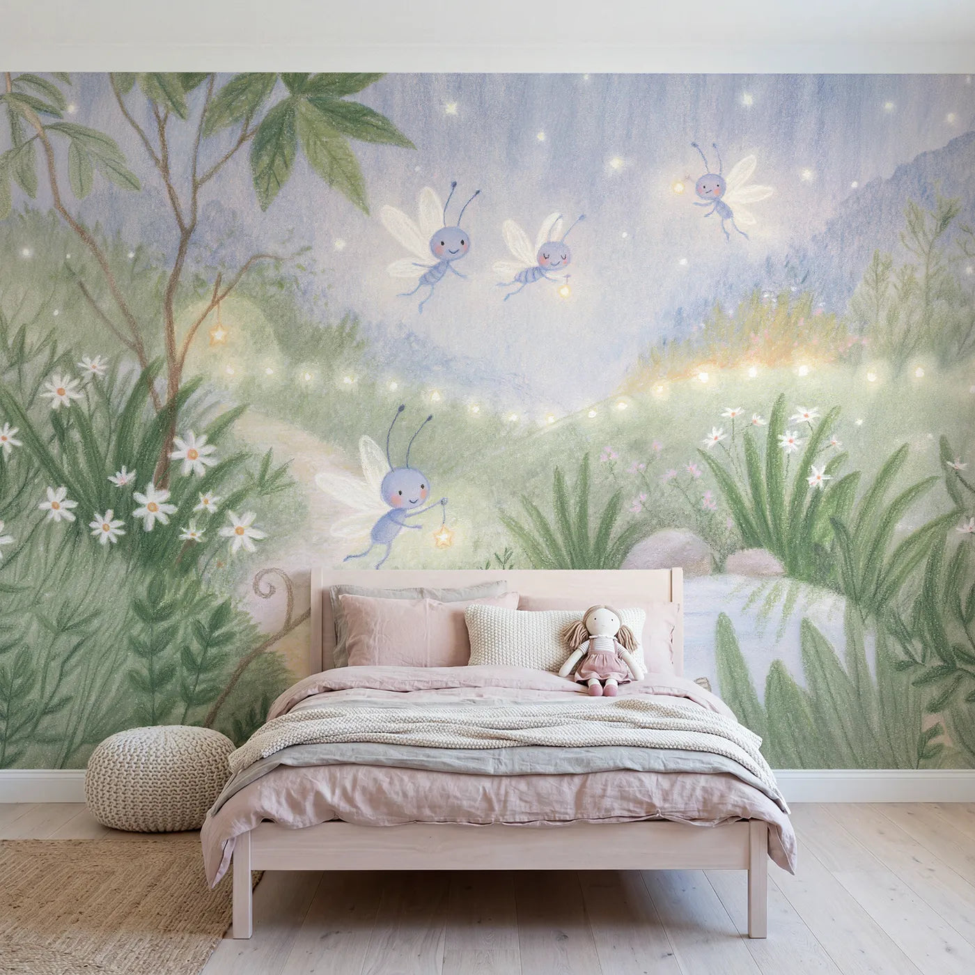 Colored Pencil fireflies lighting lamps along a path, mural for a toddler room by Whimsy Tots