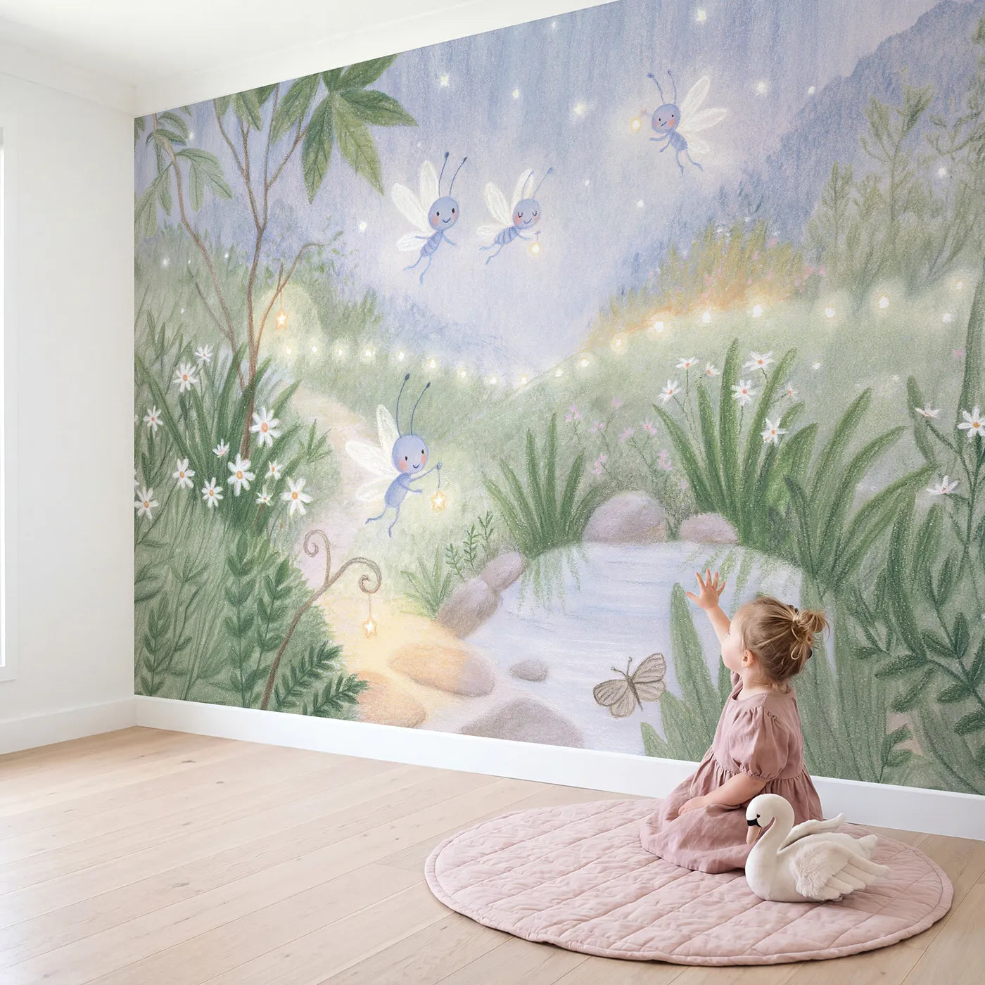 Child in nursery with The Firefly Lamp Round Wallpaper Mural by Whimsy Tots
