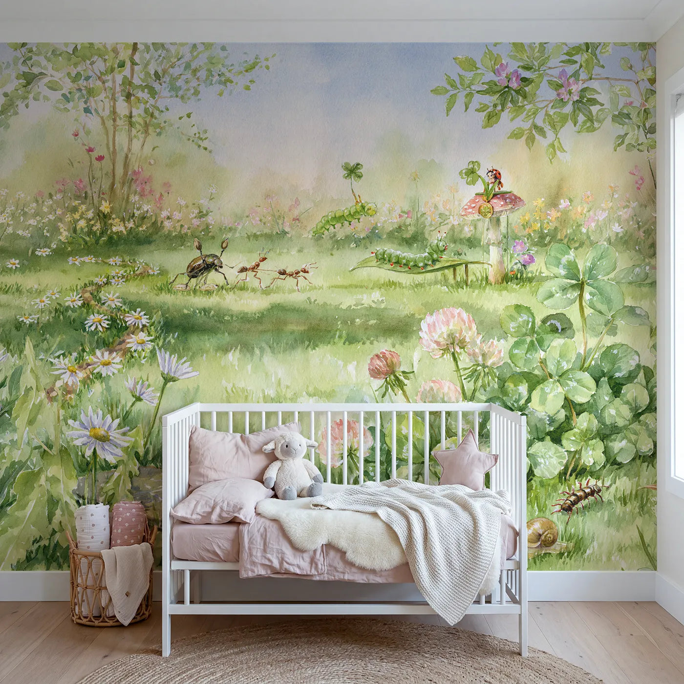 Watercolor bug sports day with clover medals, wall mural for a playroom by Whimsy Tots