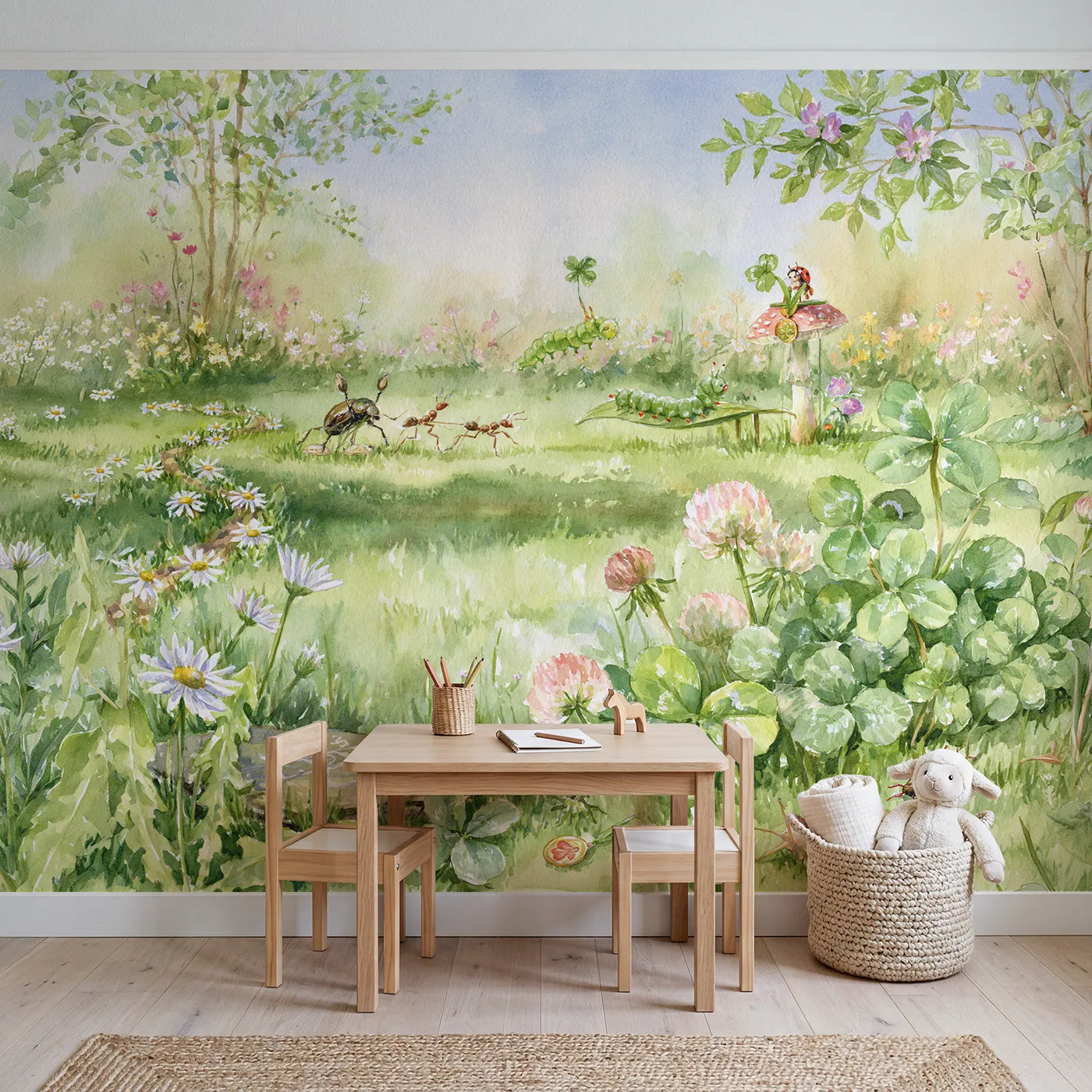 The Bug Sports Day Wallpaper Mural in playroom setting by Whimsy Tots
