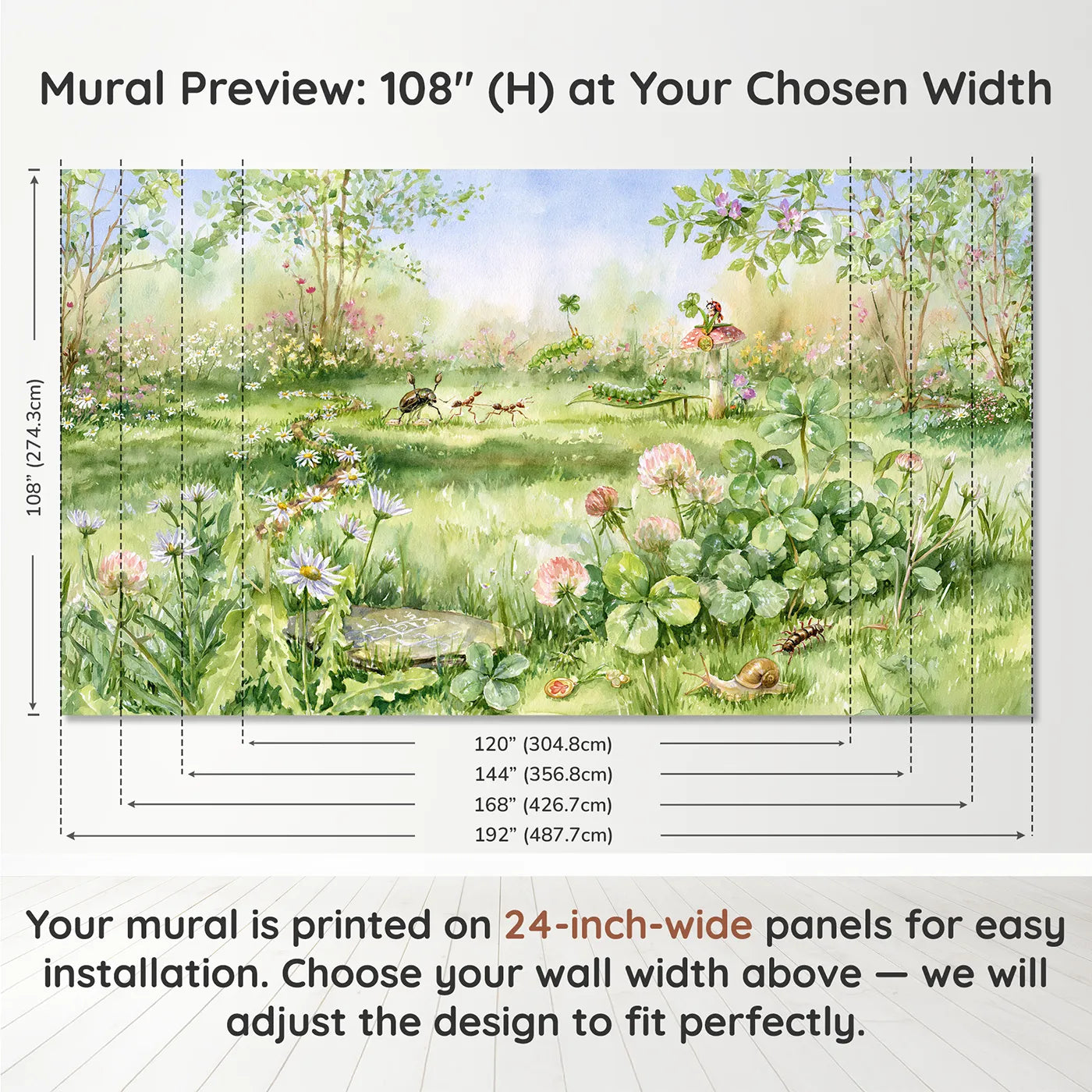 Panel layout and dimensions for The Bug Sports Day Wallpaper Mural by Whimsy Tots
