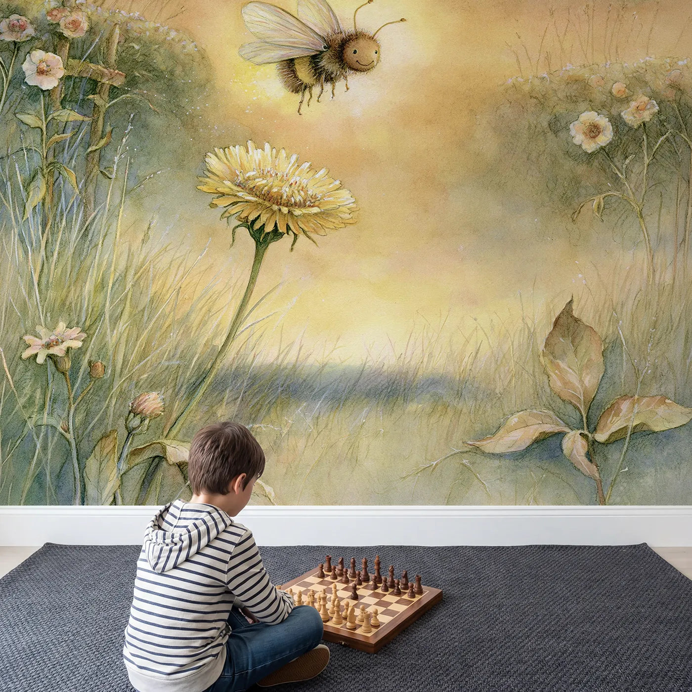 Child in nursery with Friendly Little Firefly Wallpaper Mural by Whimsy Tots