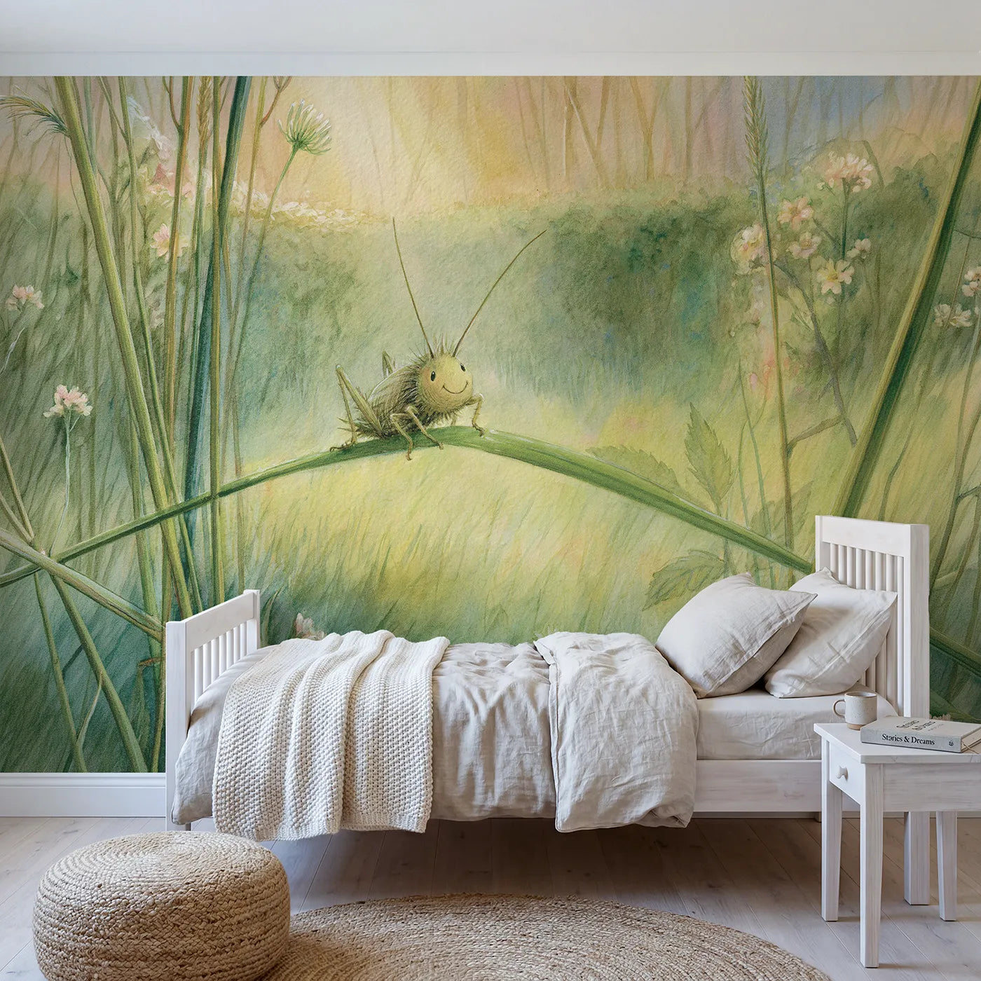 Garden wall mural of a cheerful fiddling cricket by Whimsy Tots