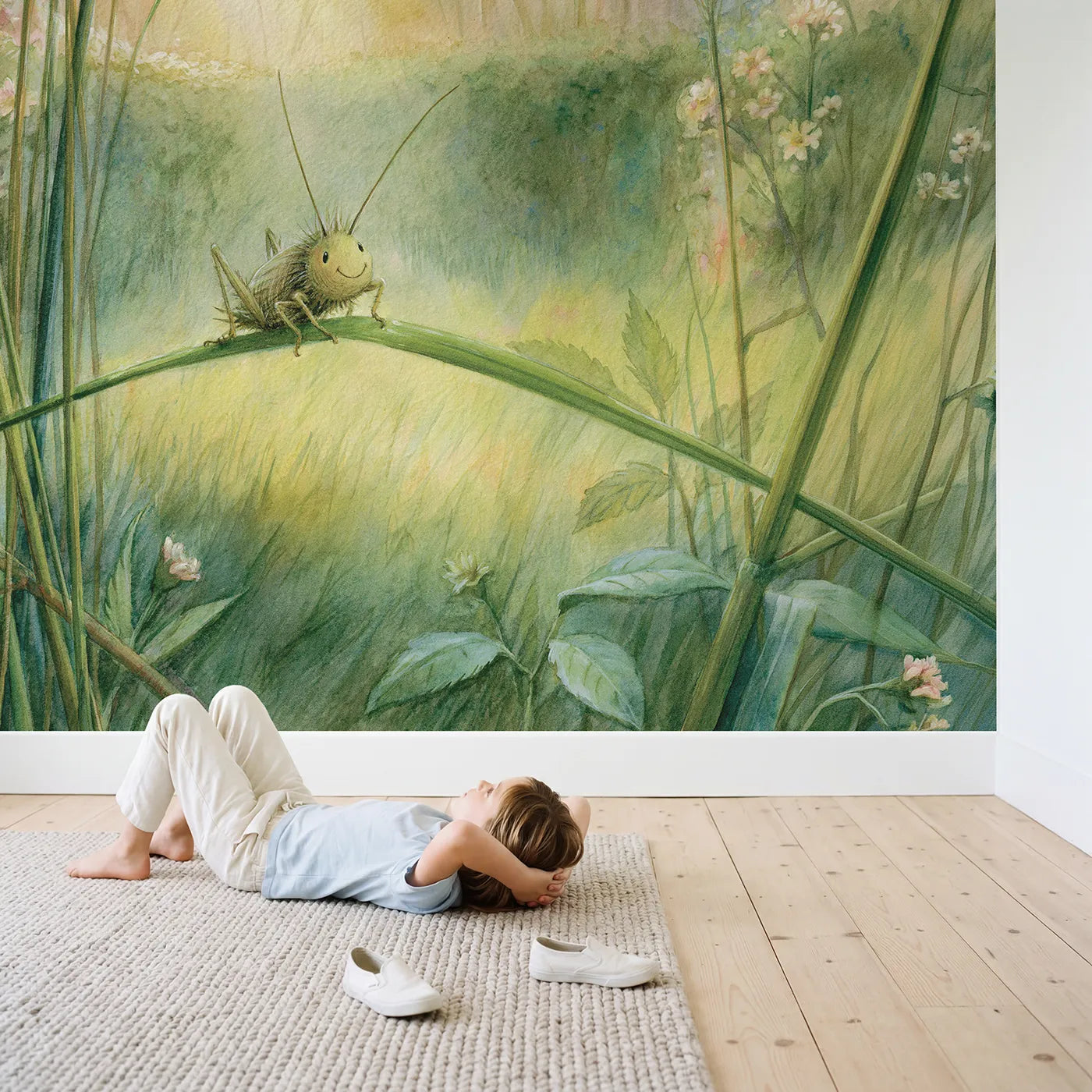 Child in nursery with Cheerful Garden Cricket Wallpaper Mural by Whimsy Tots