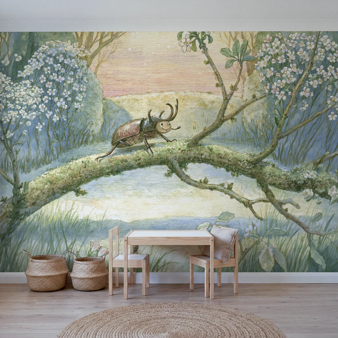 Garden wall mural of a friendly stag beetle by Whimsy Tots