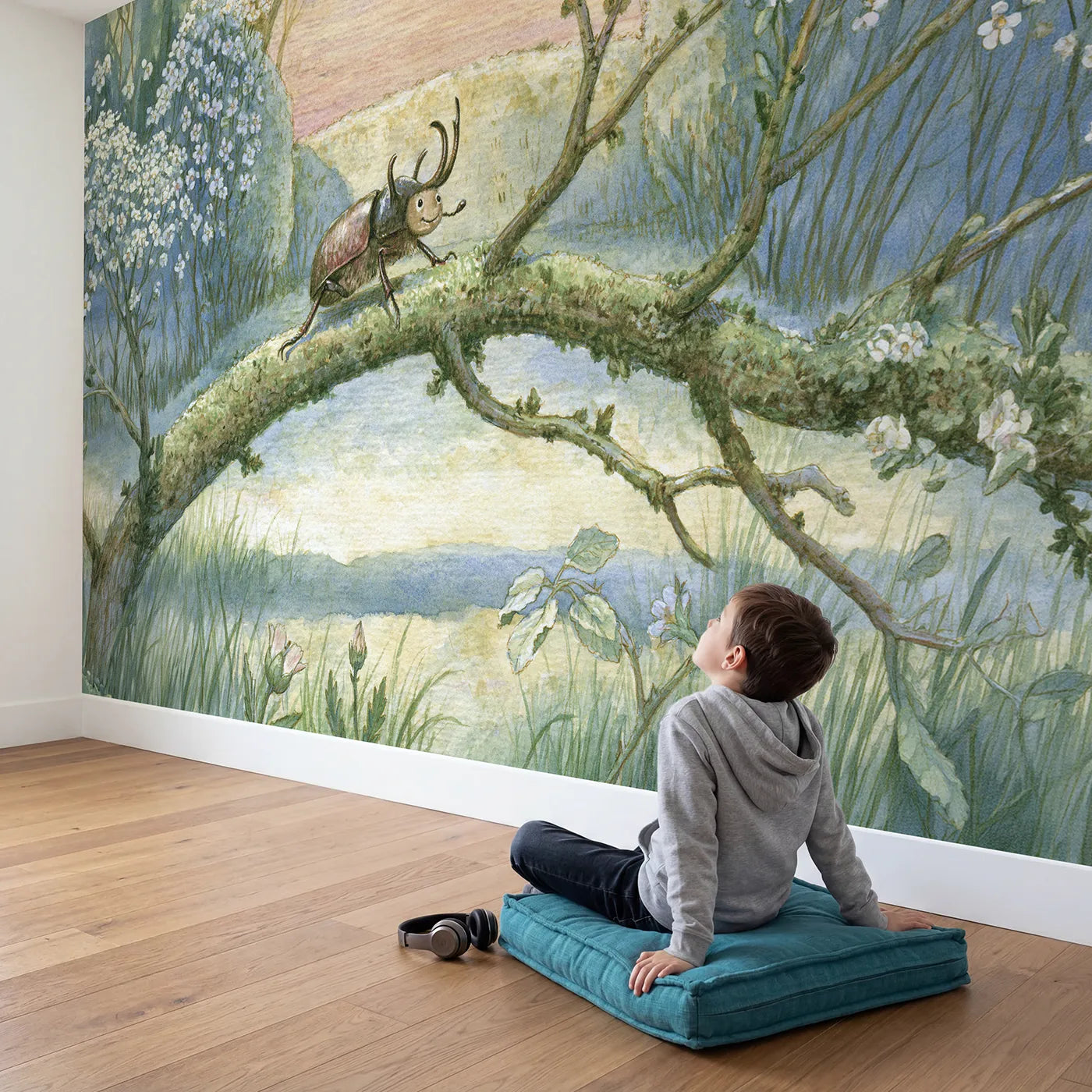 Child in nursery with Friendly Stag Beetle Wallpaper Mural by Whimsy Tots