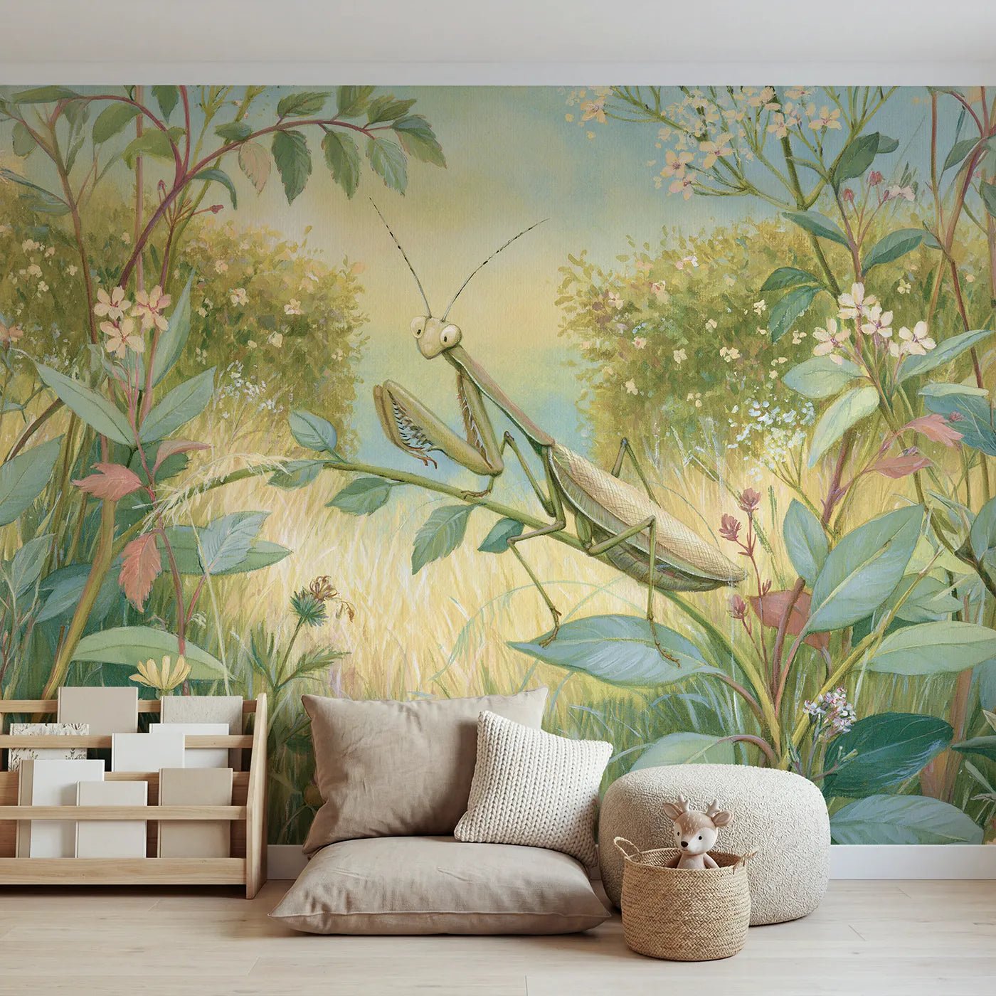 Garden wall mural of a gentle praying mantis by Whimsy Tots