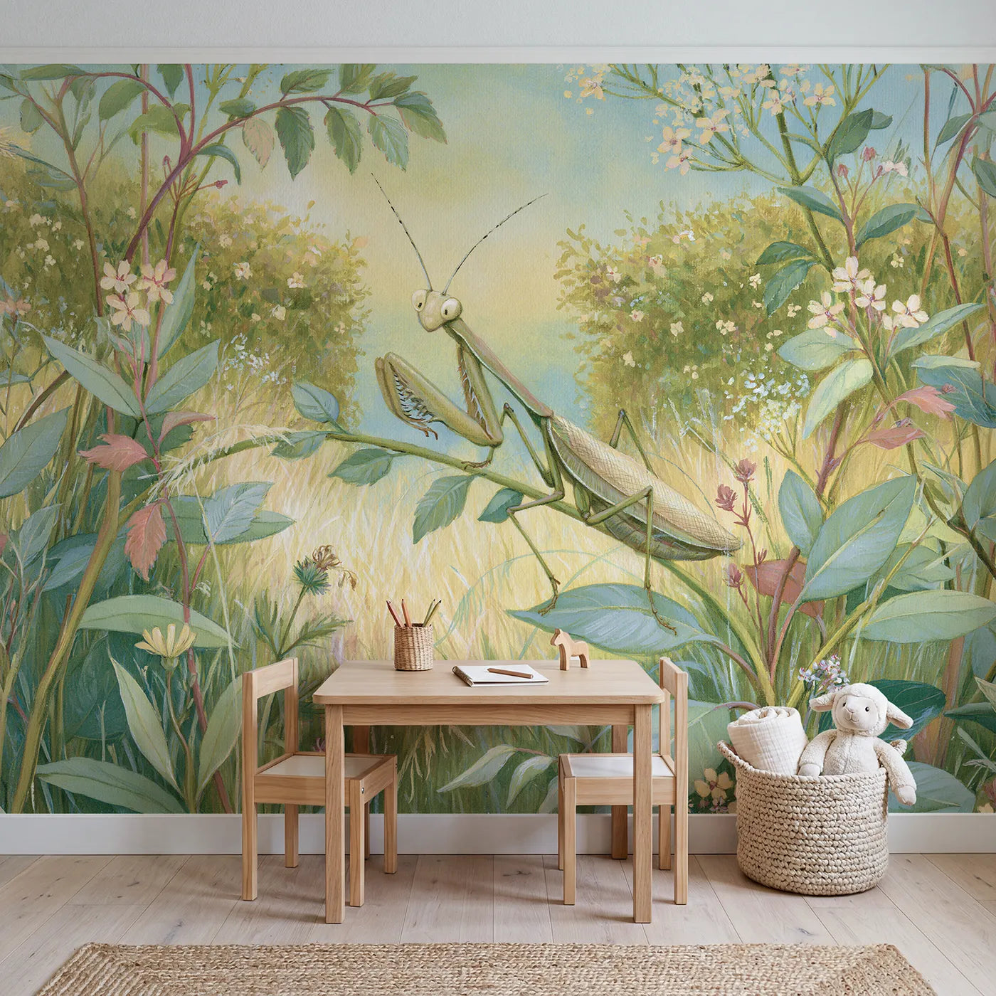 Gentle Praying Mantis Wallpaper Mural in playroom setting by Whimsy Tots