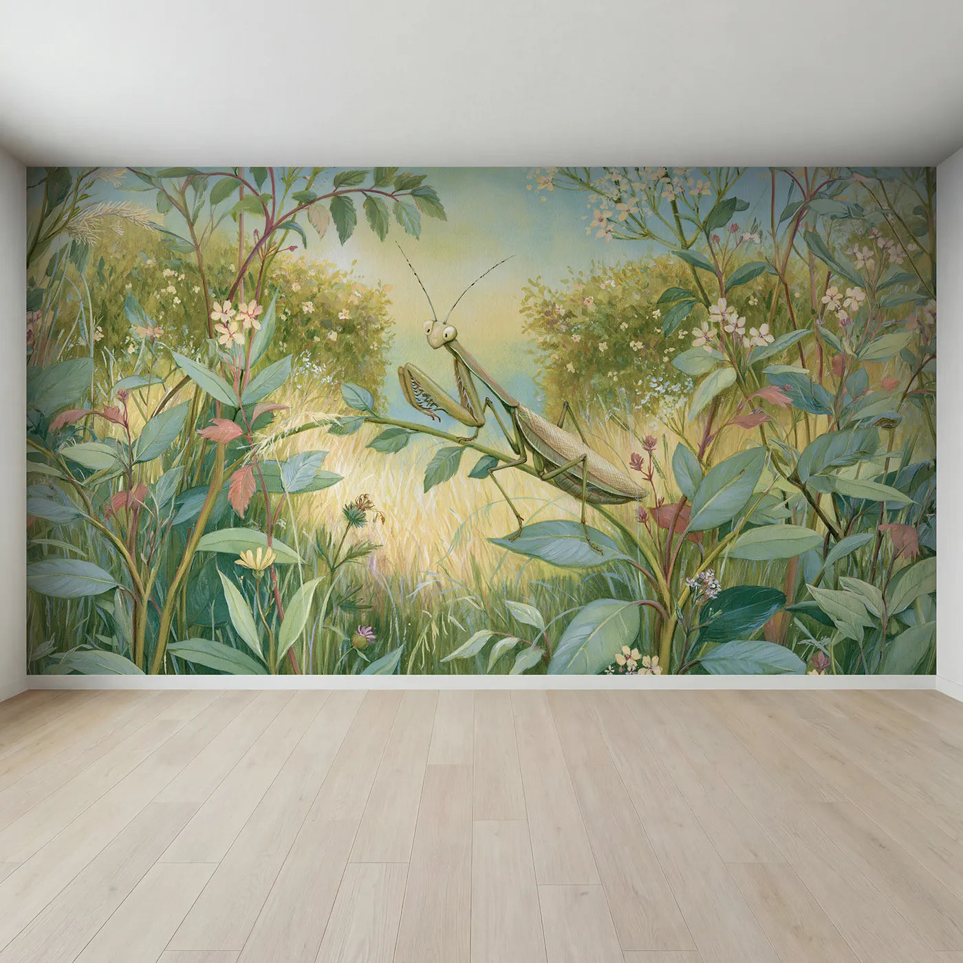 Full view of Gentle Praying Mantis Wallpaper Mural by Whimsy Tots