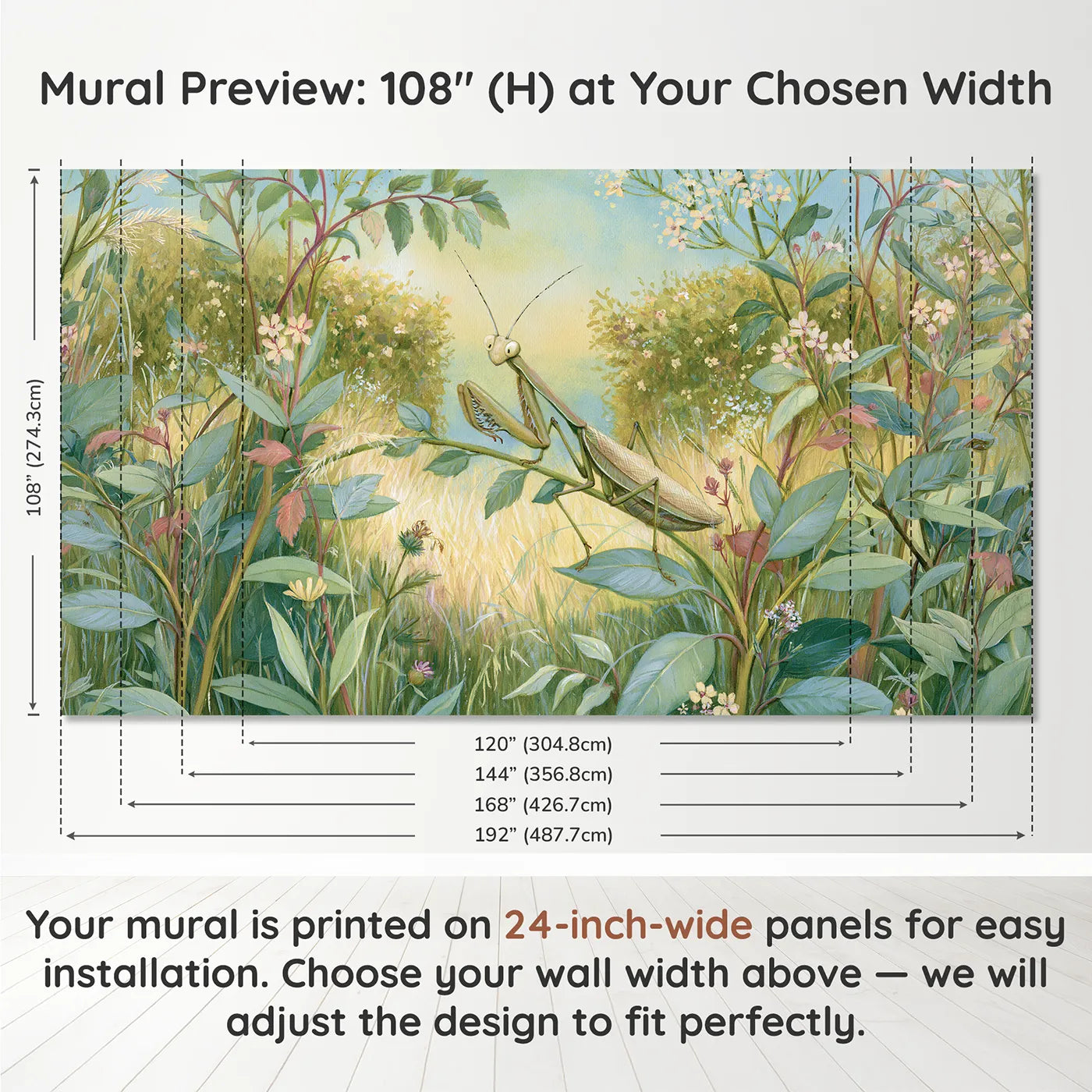 Panel layout and dimensions for Gentle Praying Mantis Wallpaper Mural by Whimsy Tots