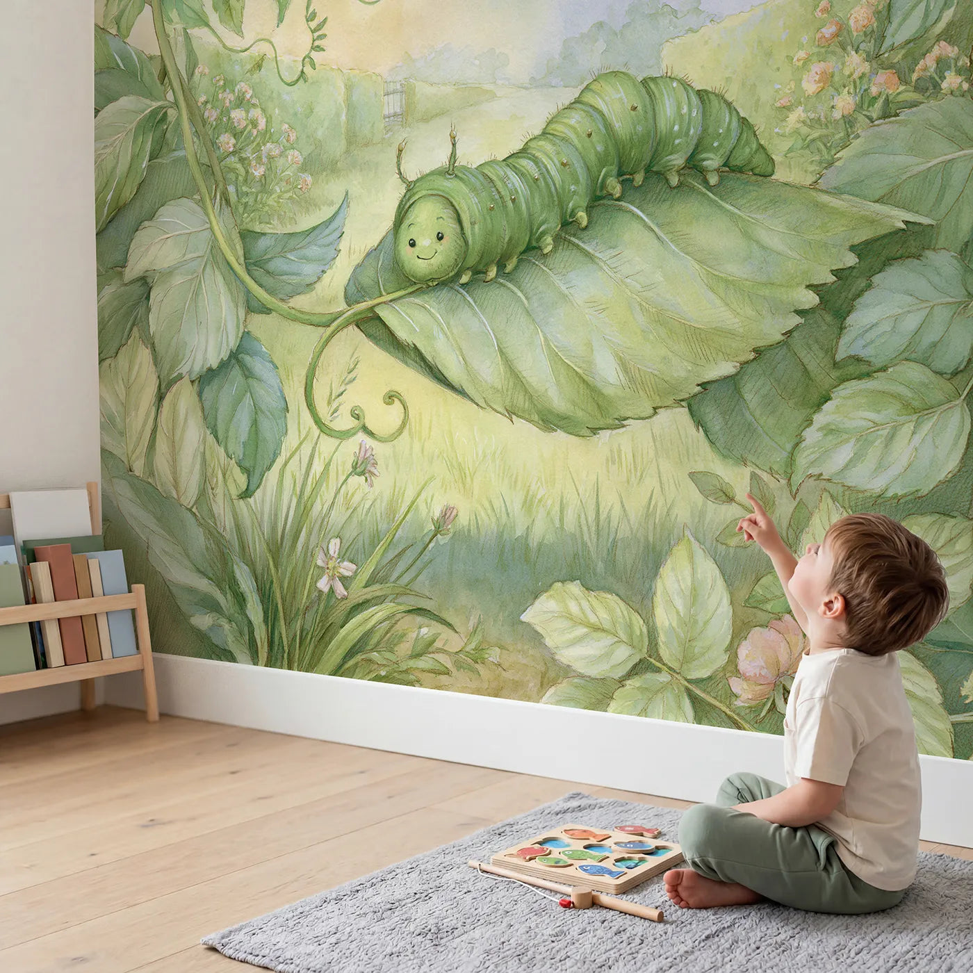 Child in nursery with Little Inchworm Wallpaper Mural by Whimsy Tots
