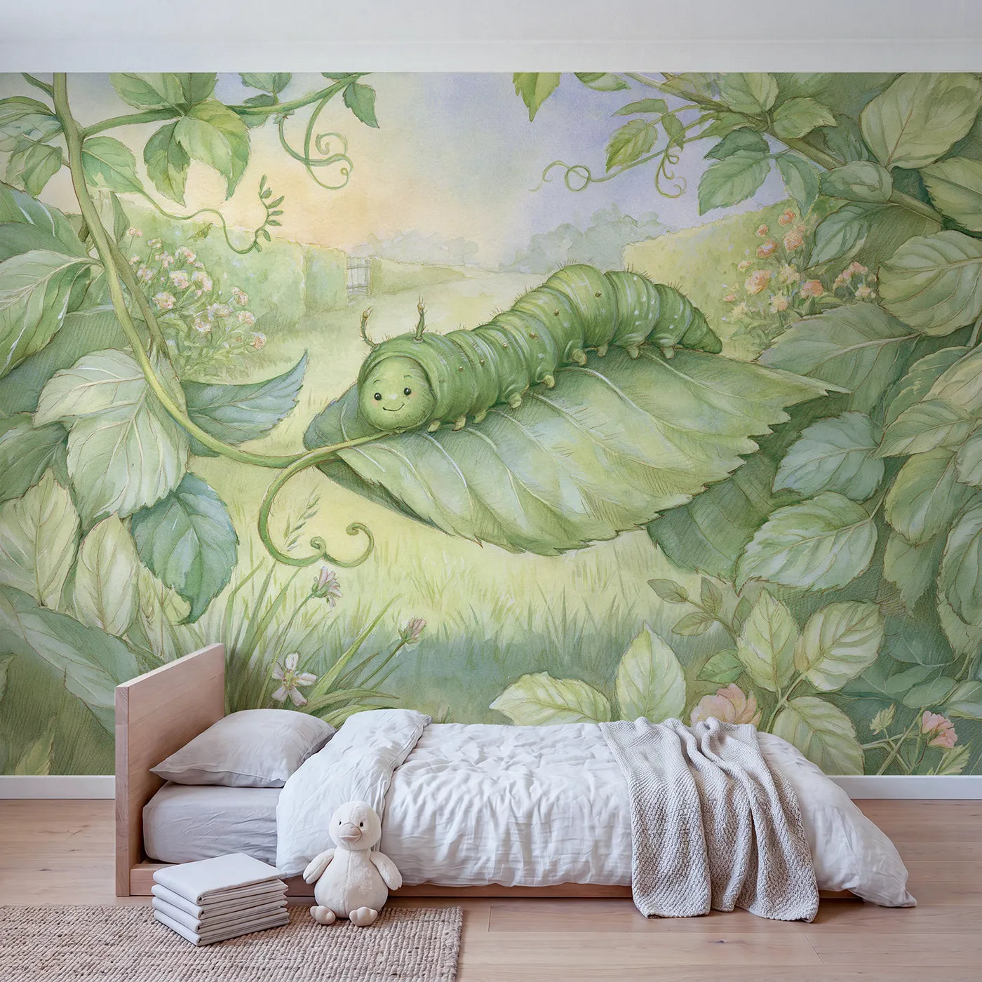 Little Inchworm Wallpaper Mural in playroom setting by Whimsy Tots