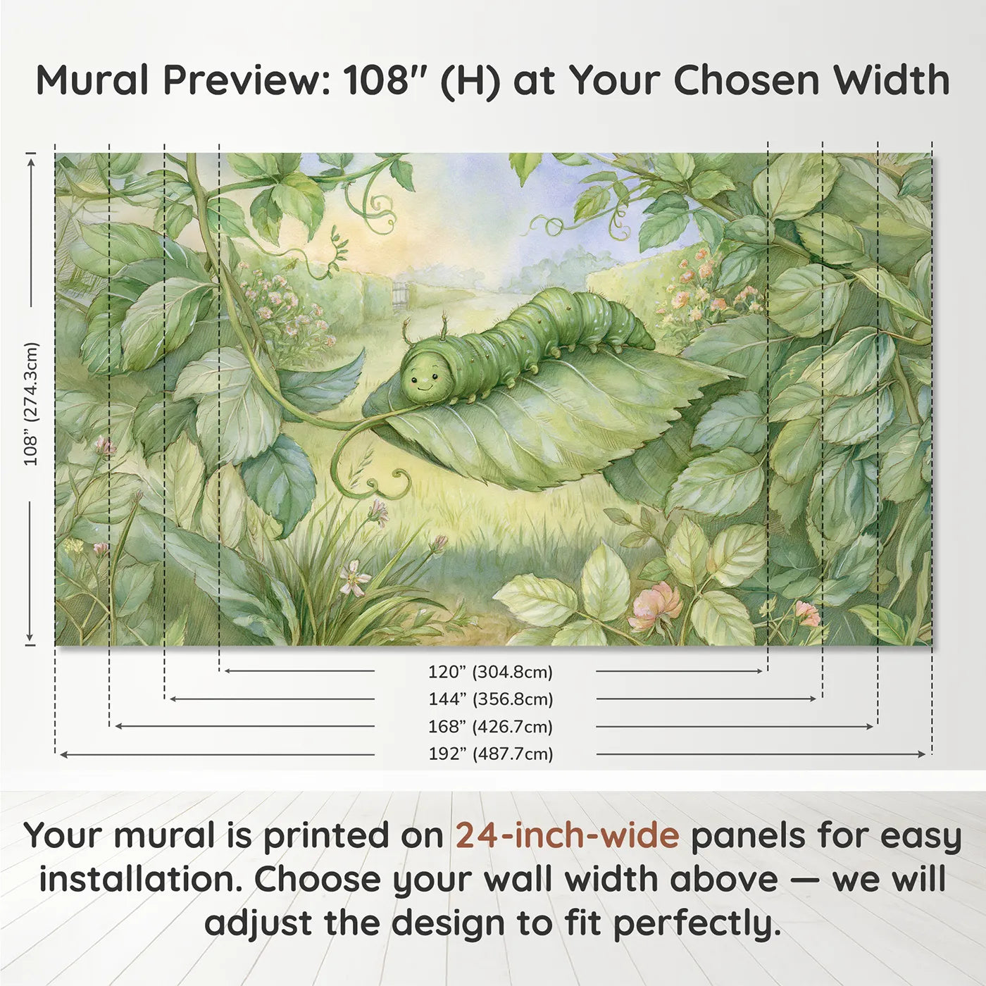 Panel layout and dimensions for Little Inchworm Wallpaper Mural by Whimsy Tots