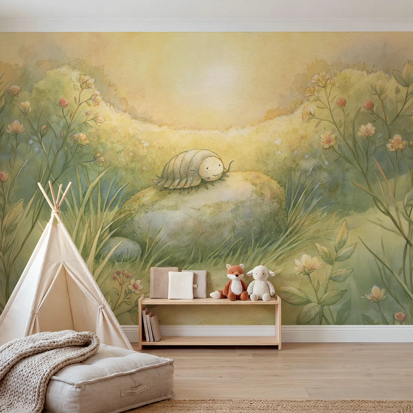 Garden wall mural of a shy little roly poly by Whimsy Tots
