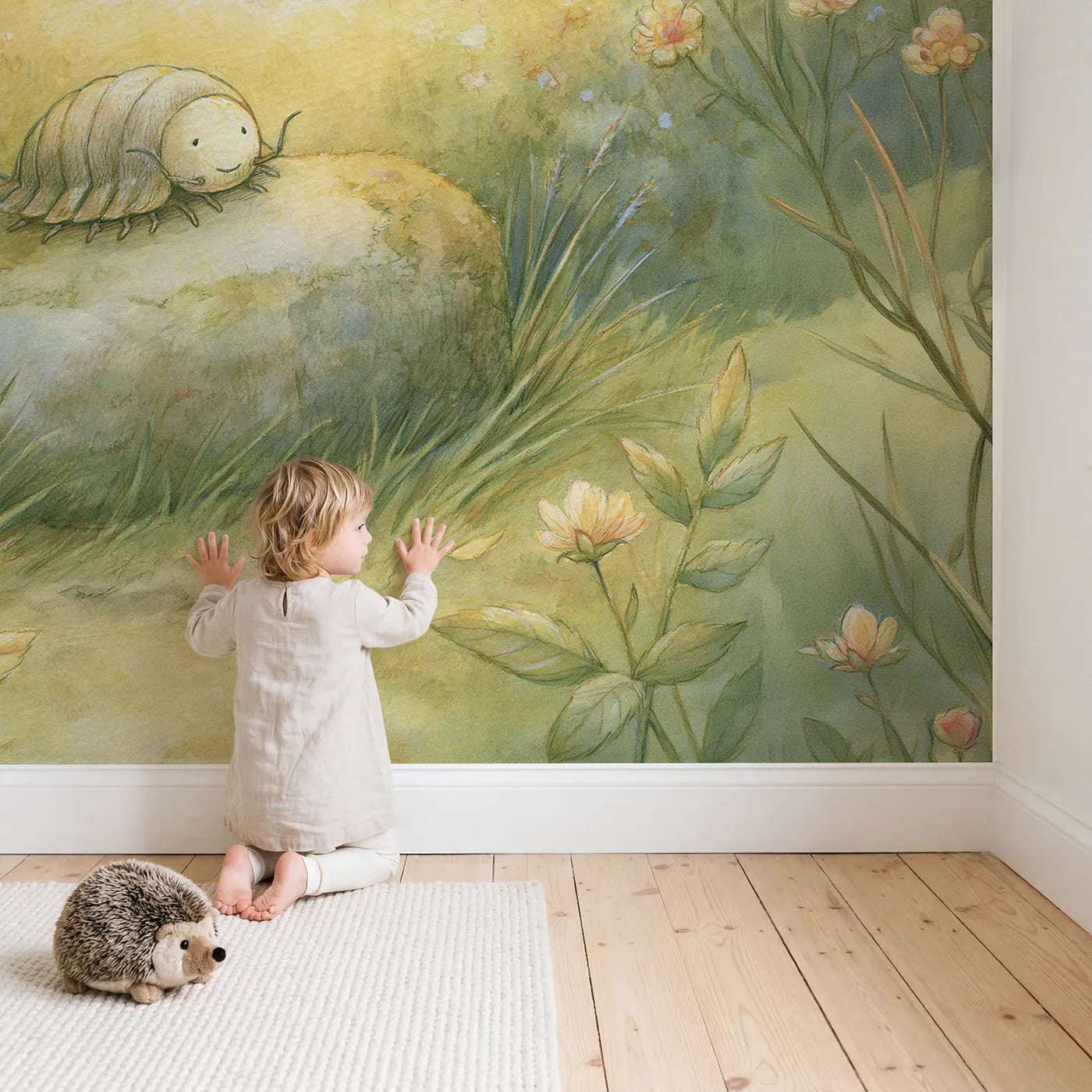 Child in nursery with Little Roly Poly Bug Wallpaper Mural by Whimsy Tots