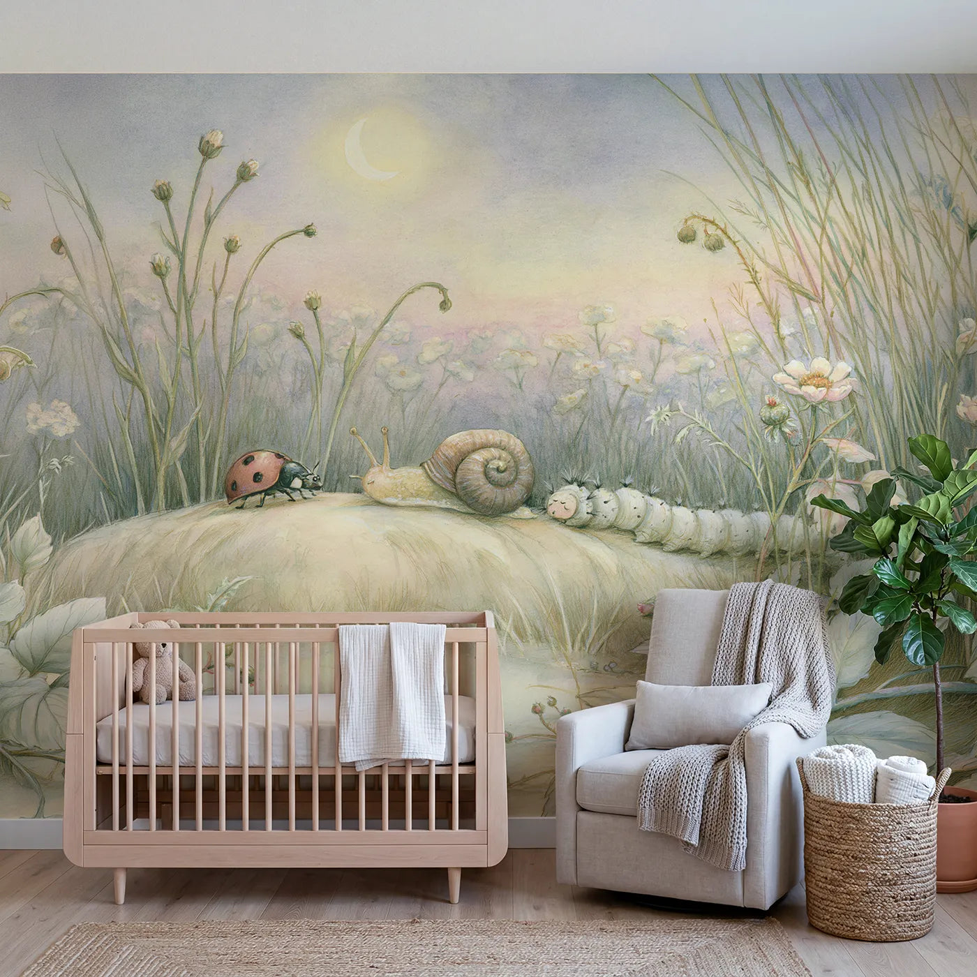 Pencil-and-wash wall mural of a goodnight bug row by Whimsy Tots