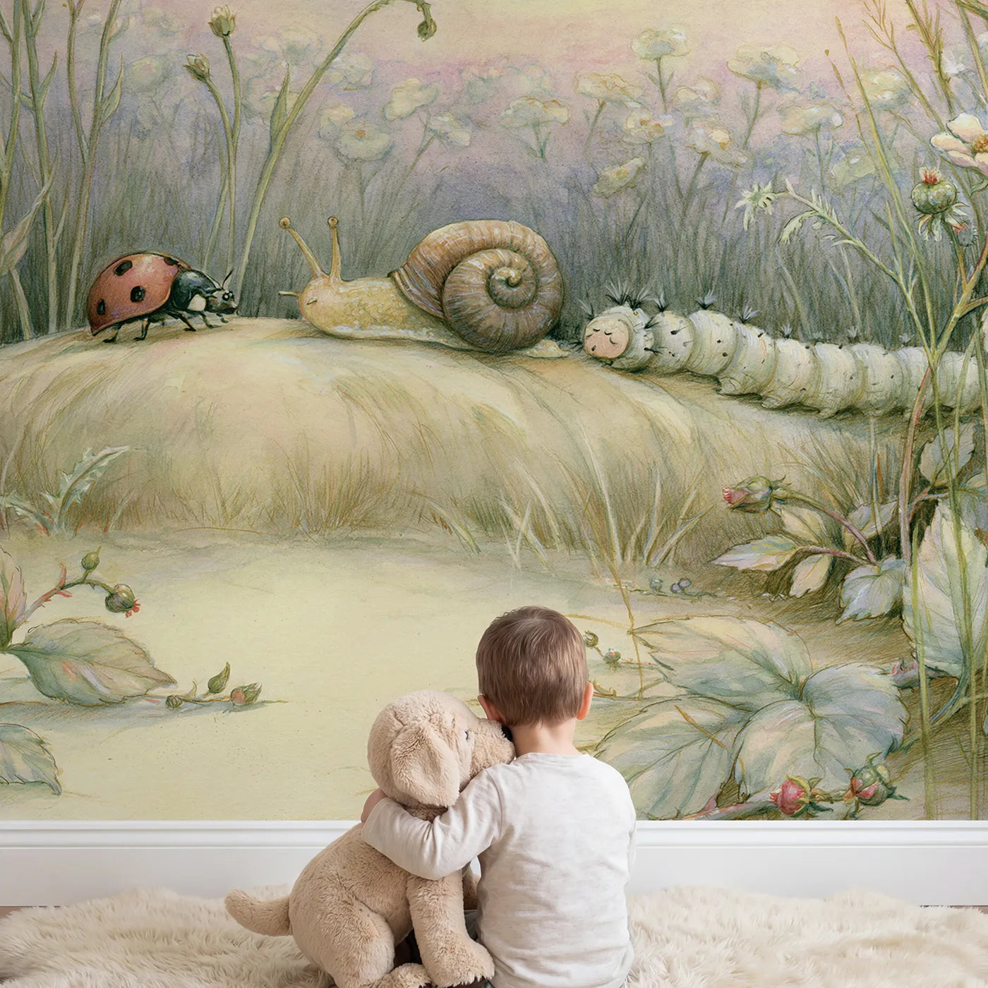 Child in nursery with Goodnight Garden Bugs Wallpaper Mural by Whimsy Tots