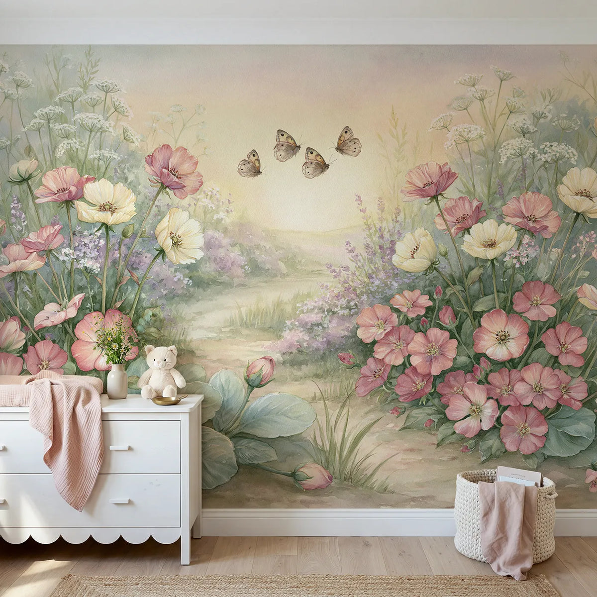 Storybook wall mural of butterflies in a story garden by Whimsy Tots