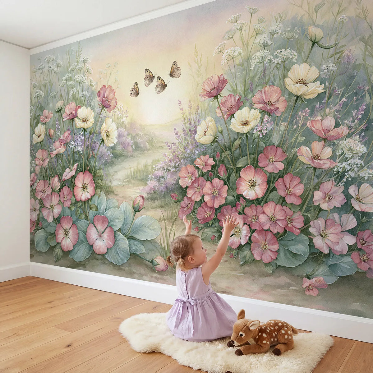Child in nursery with Butterfly Story Garden Wallpaper Mural by Whimsy Tots