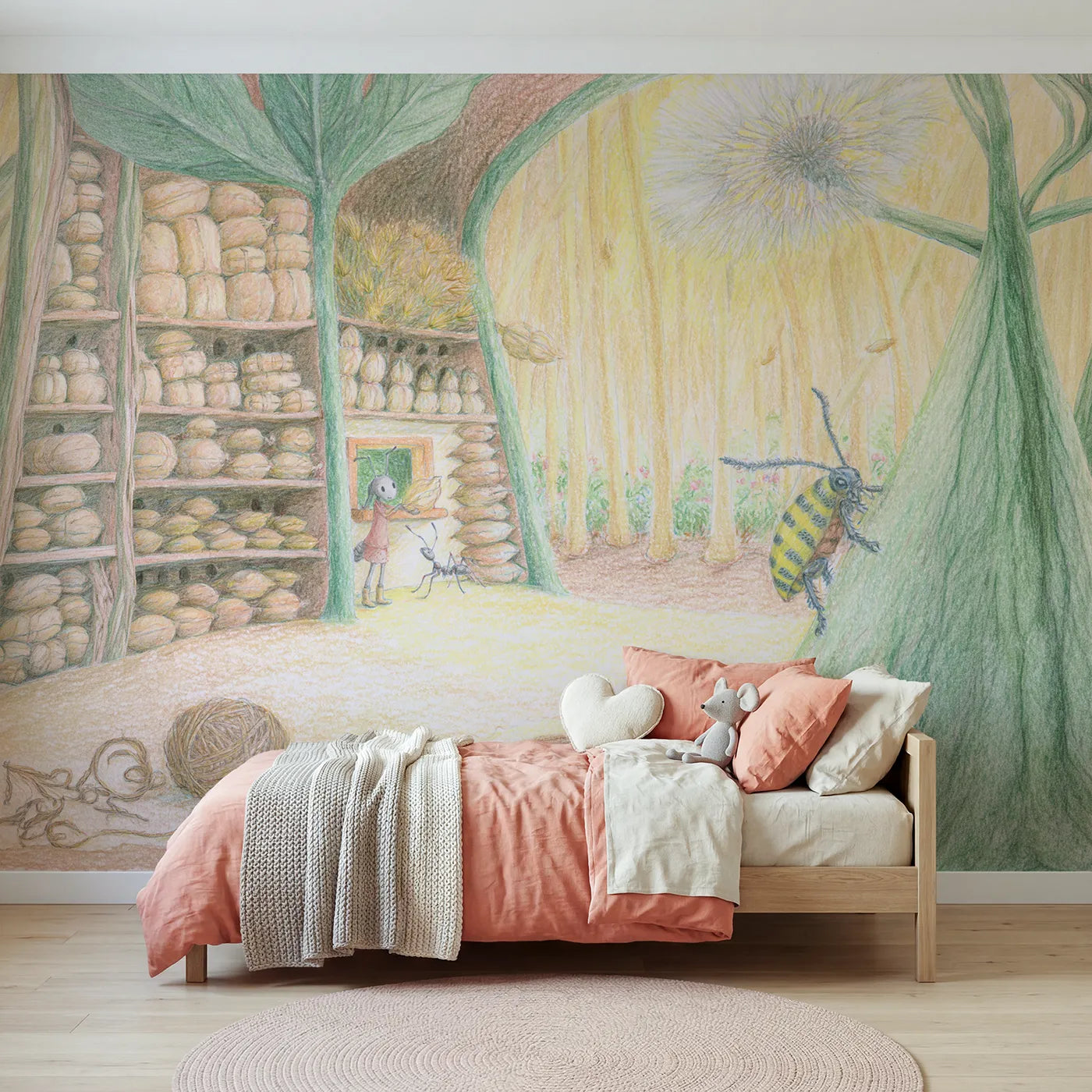 Colored Pencil ant post office stacked with seed parcels, mural for a rented bedroom by Whimsy Tots