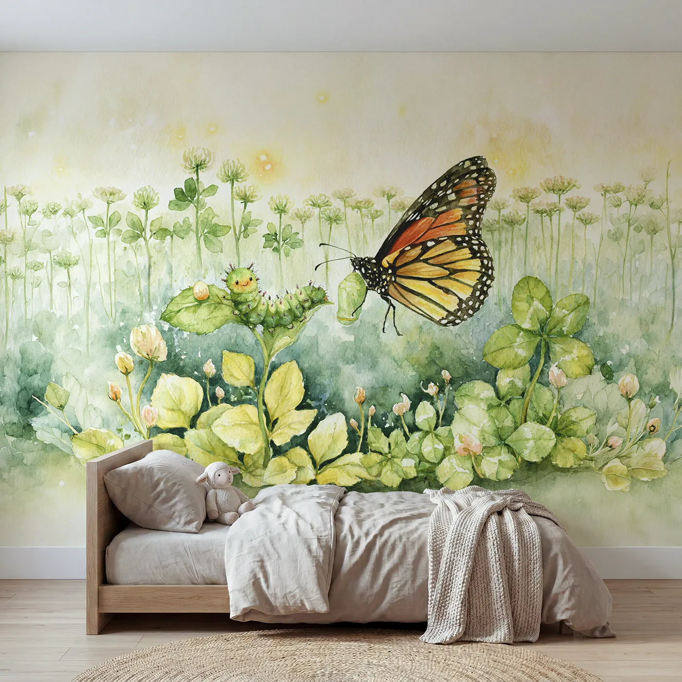 Watercolor wall mural of a butterfly life cycle by Whimsy Tots