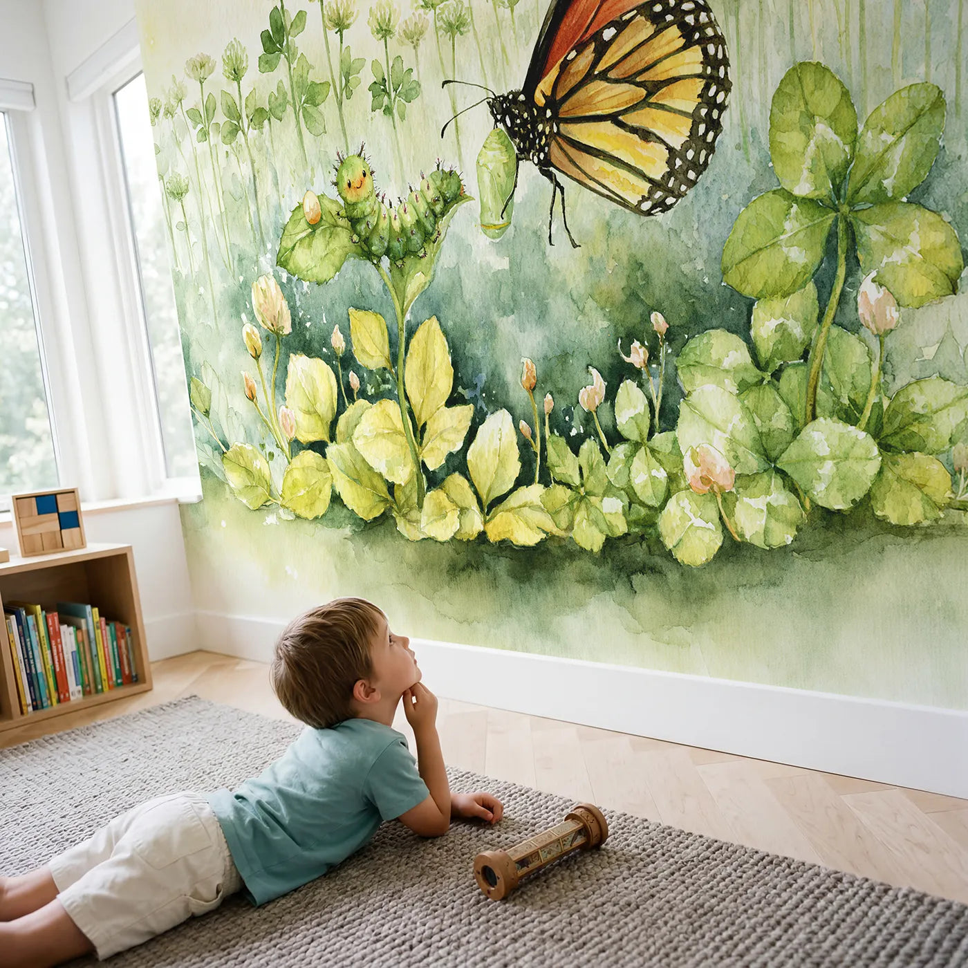 Child in nursery with Butterfly Life Cycle Wallpaper Mural by Whimsy Tots