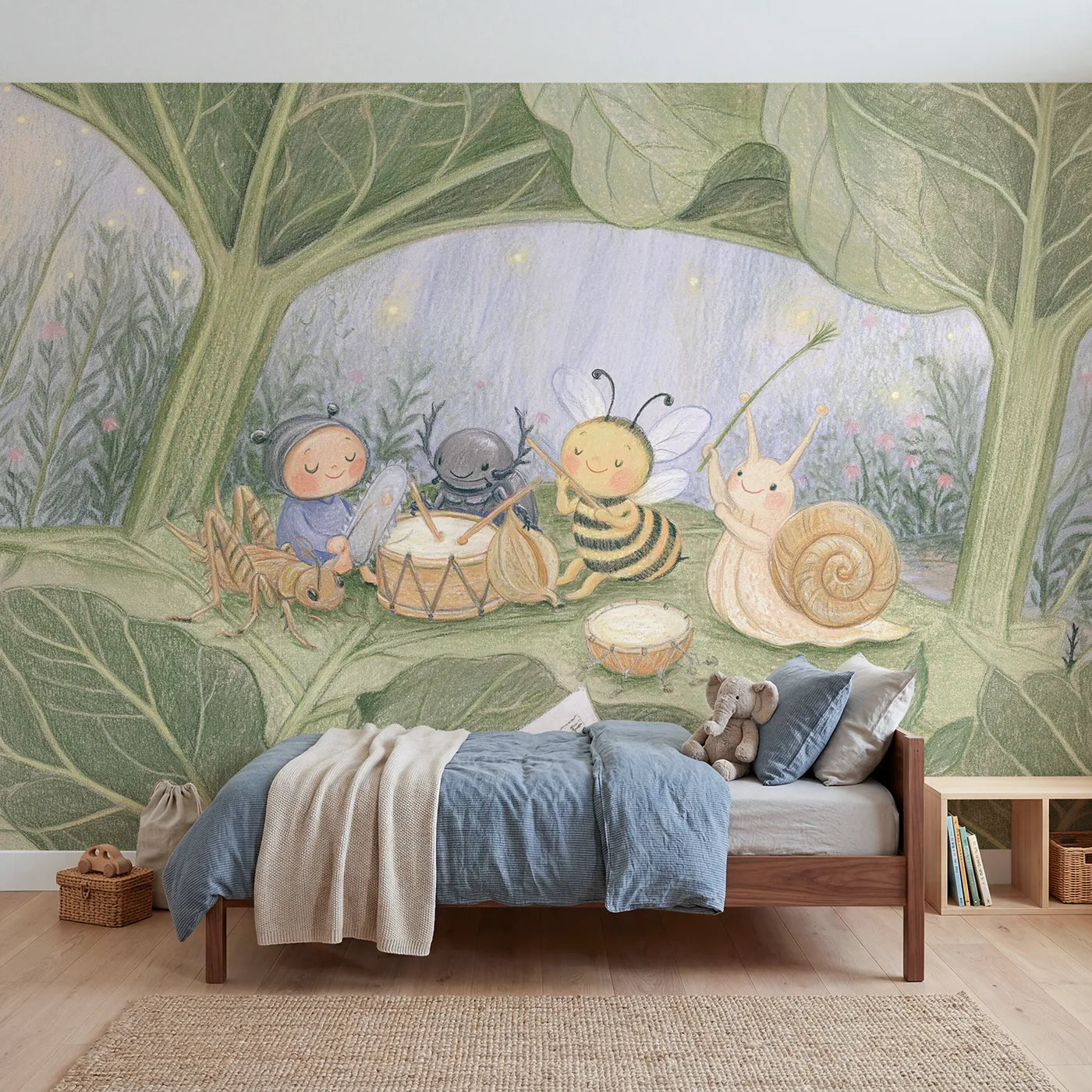 Colored Pencil bug band rehearsing under a rhubarb leaf, wall mural for a playroom by Whimsy Tots